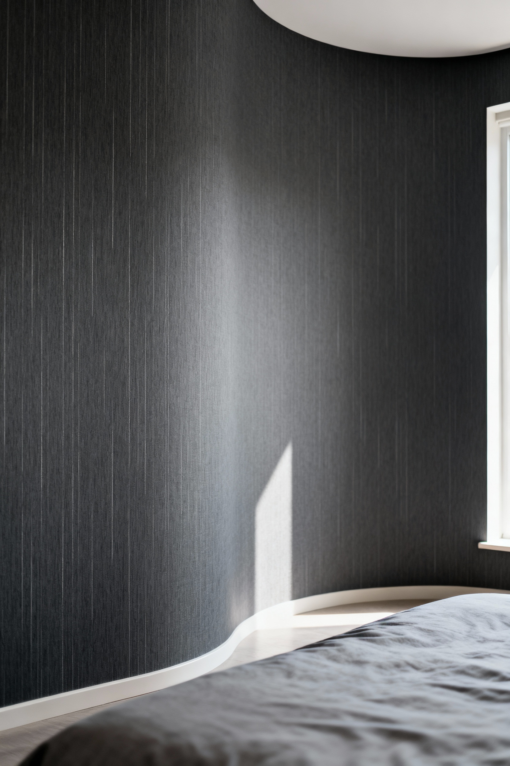 Close-up of a seamlessly installed charcoal grey non-woven wallpaper, showcasing its texture and perfect draping on a curved bedroom wall.