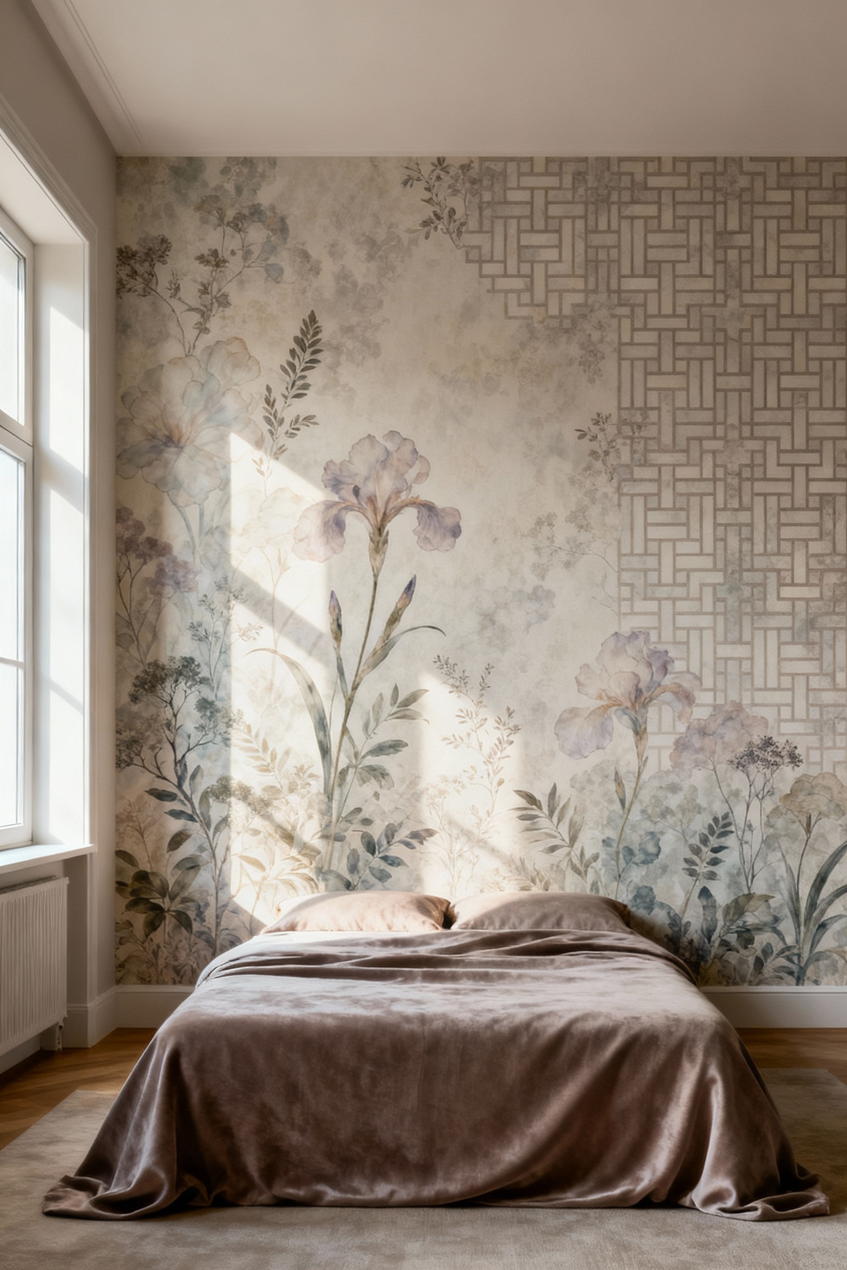 Bedroom wallpaper featuring a serene blend of biophilic floral patterns and subtle geometric designs, creating a calming and luxurious atmosphere. A minimalist bed with high-quality linen in a contemporary bedroom.