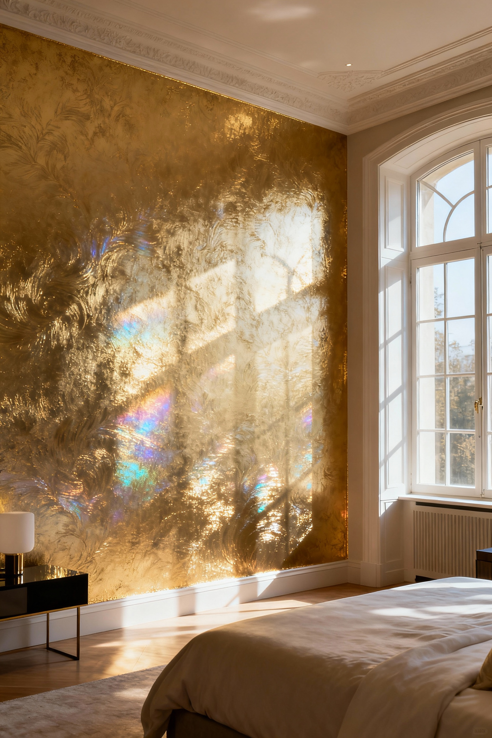 Luxurious bedroom with a gilded metallic accent wallpaper showcasing iridescent light reflection. High-end, serene bedroom interior design.