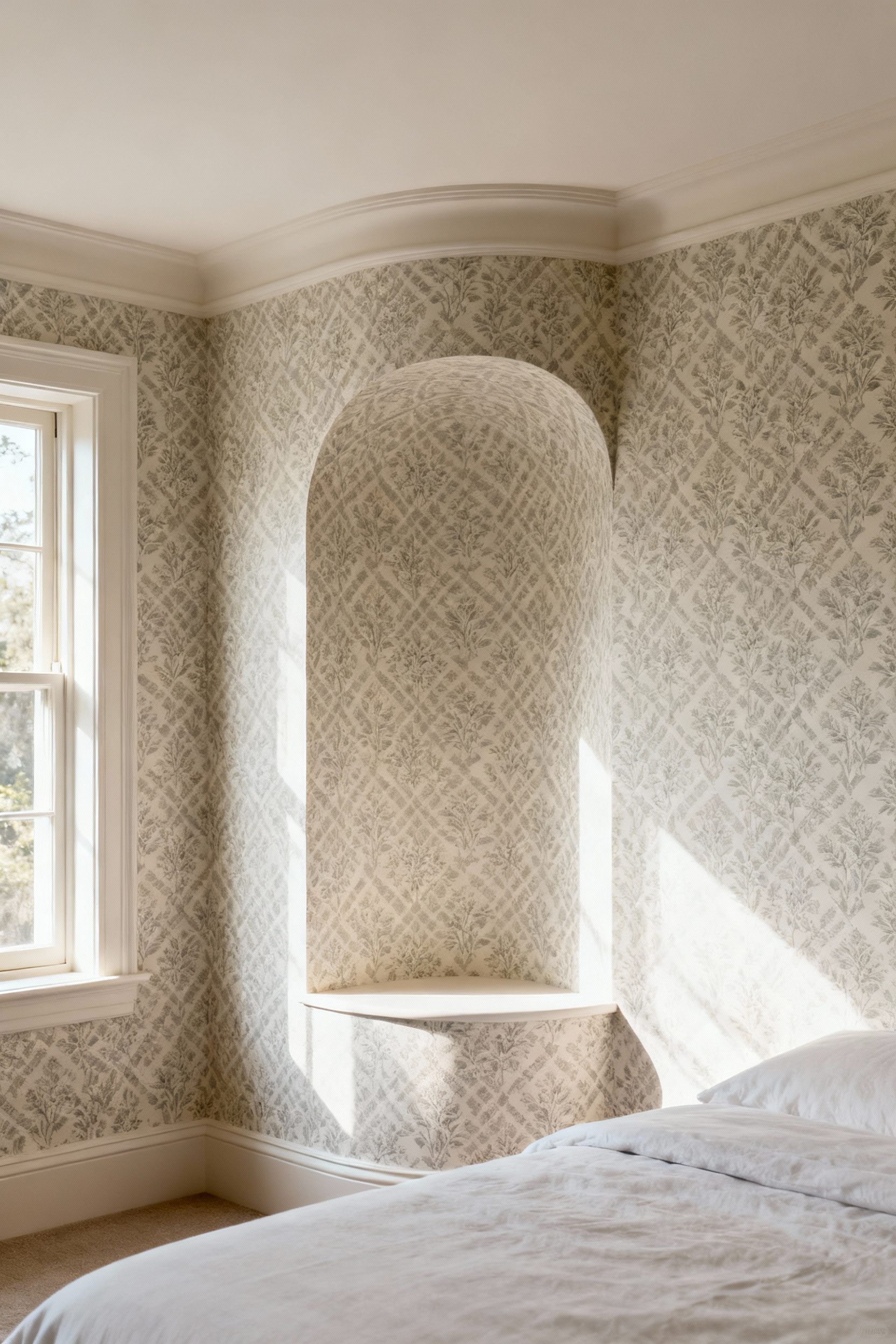 Close-up of elegant patterned wallpaper being applied with precision around a bedroom alcove, showing meticulous cuts and seamless edges.