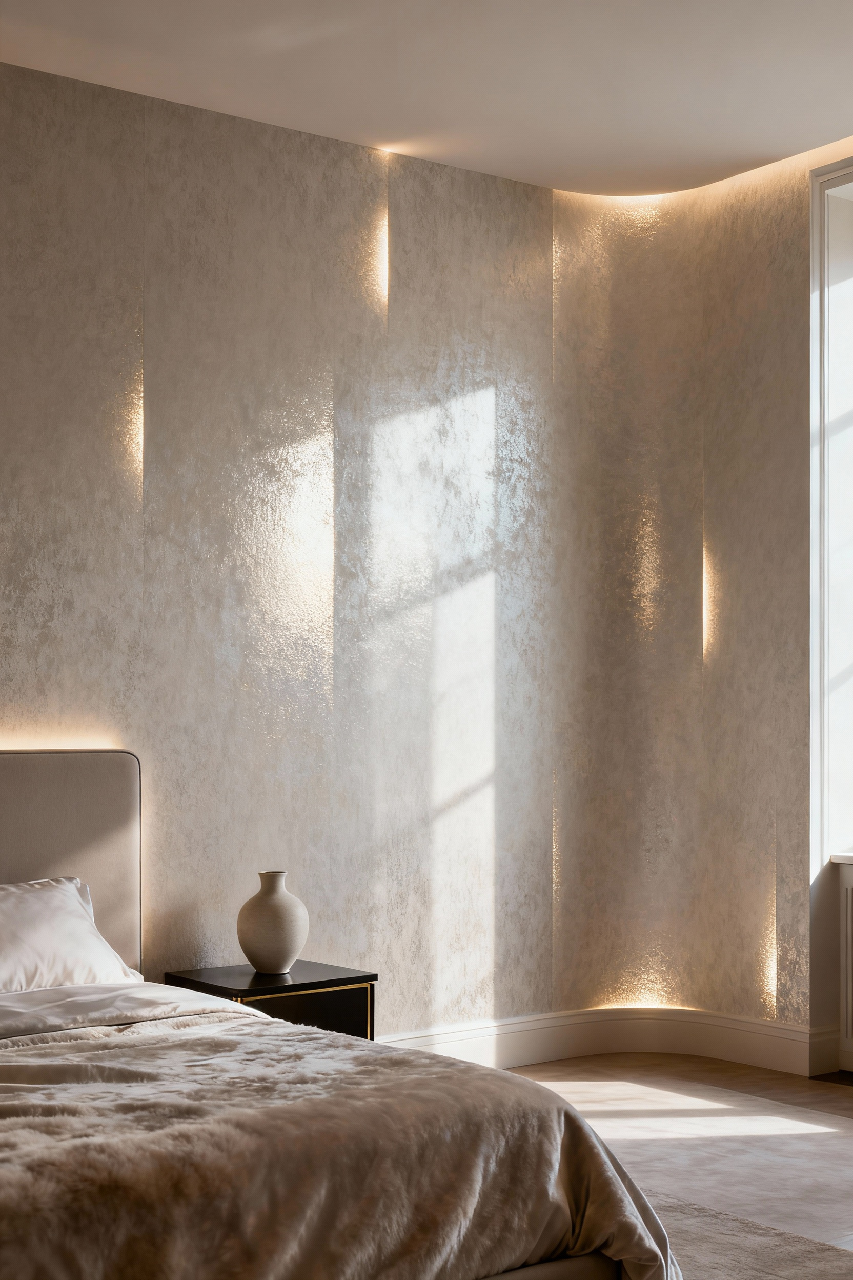 Luxurious bedroom wallpaper designed for ambient luminosity, showing elegant reflective and absorbent qualities under natural light.