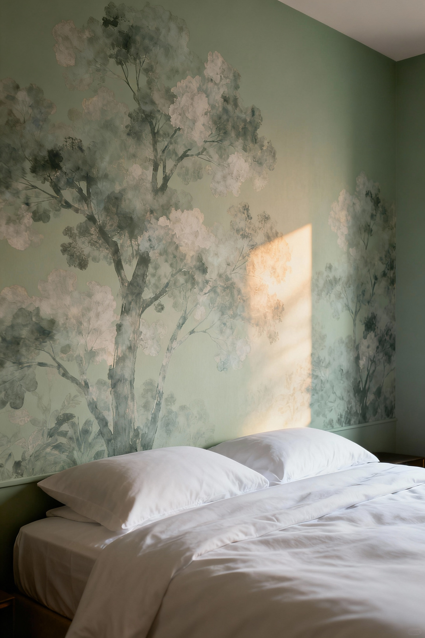 Elegant bedroom with serene wallpaper featuring a large-scale, subtly repeating botanical pattern in soft, muted tones, creating a tranquil and spacious atmosphere.