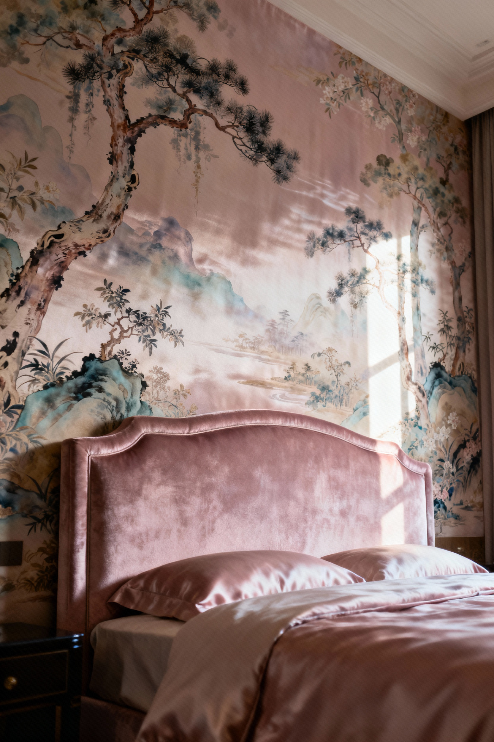 Elegant bedroom featuring a detailed chinoiserie wallpaper with arboreal scenes, highlighting the concept of pattern storytelling for creating a unique 'Genius Loci'.