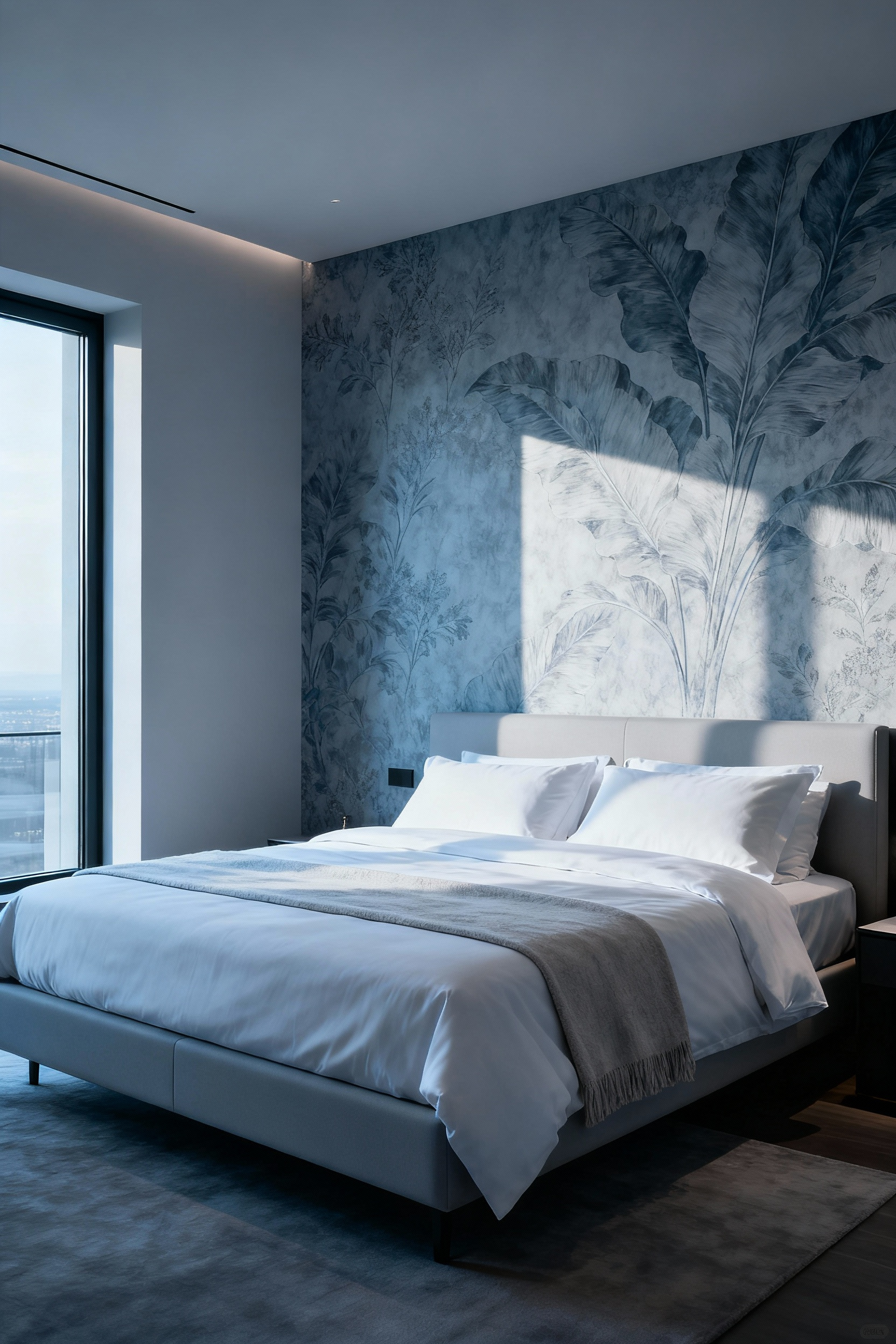 Elegant bedroom featuring a cool-toned, large-scale patterned wallpaper that extends onto an adjacent wall, effectively defining space and enhancing architectural volume with natural light.