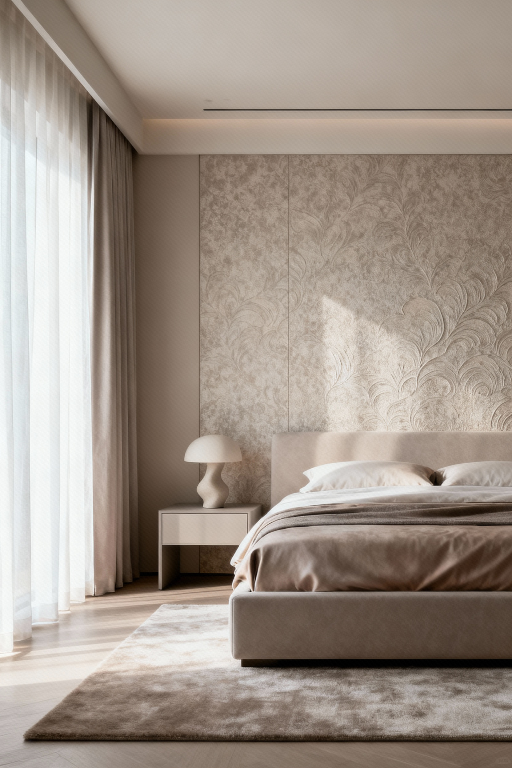 Luxurious bedroom interior with a tastefully designed feature wall covered in elegant patterned wallpaper, serving as a focal point and enhancing the room's chromatic harmony.