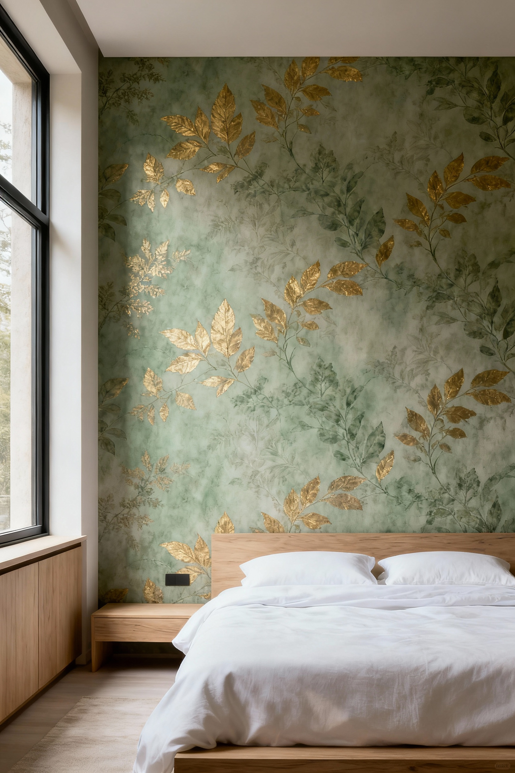 Luxurious bedroom with bespoke serene biophilic wallpaper in soft green and gold, fostering a personal sanctuary for cognitive clarity and calm. Features soft natural light and minimalist decor.