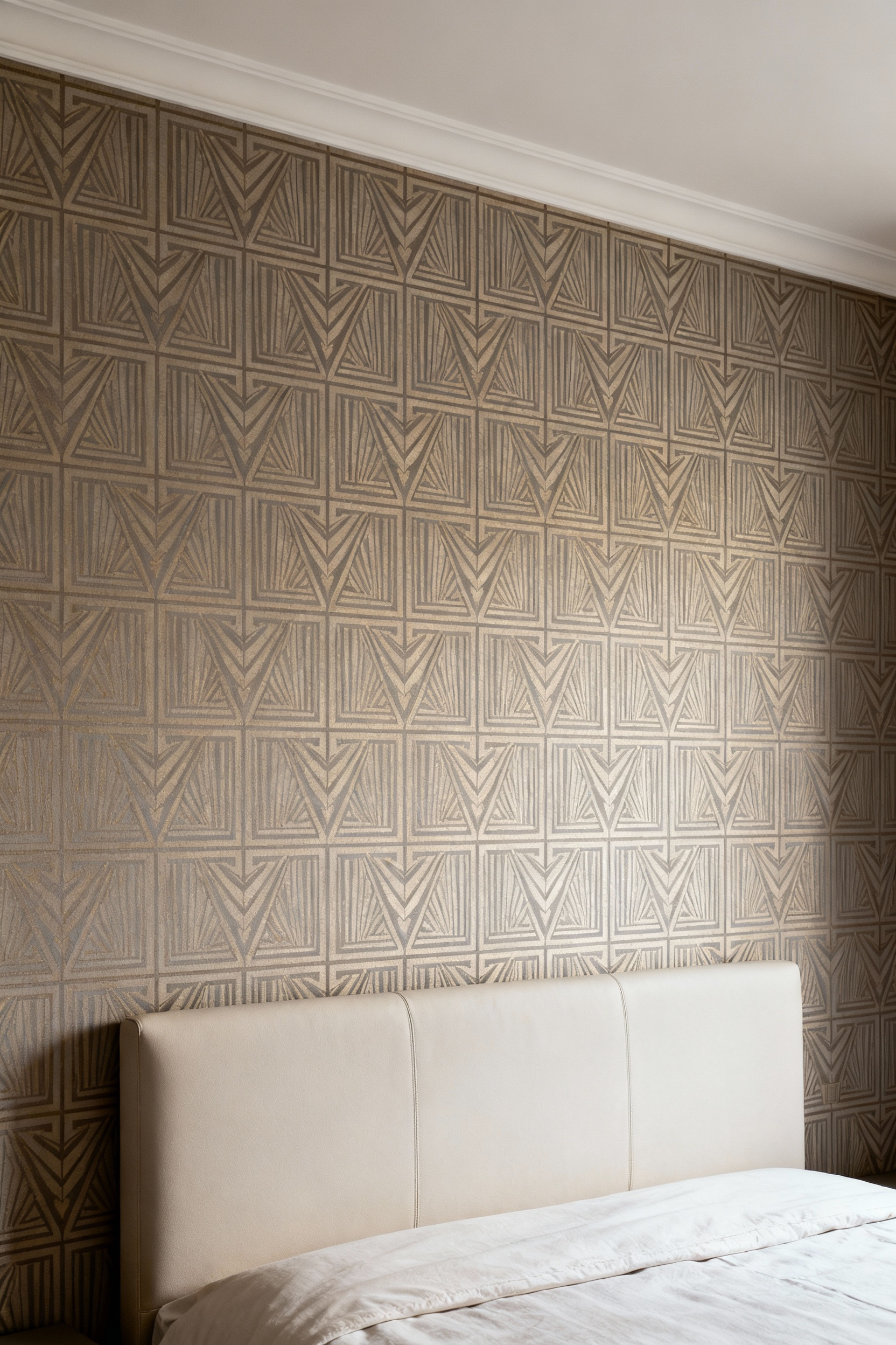 Elegant bedroom feature wall with perfectly aligned luxury wallpaper pattern showcasing meticulous craftsmanship and seamless design.