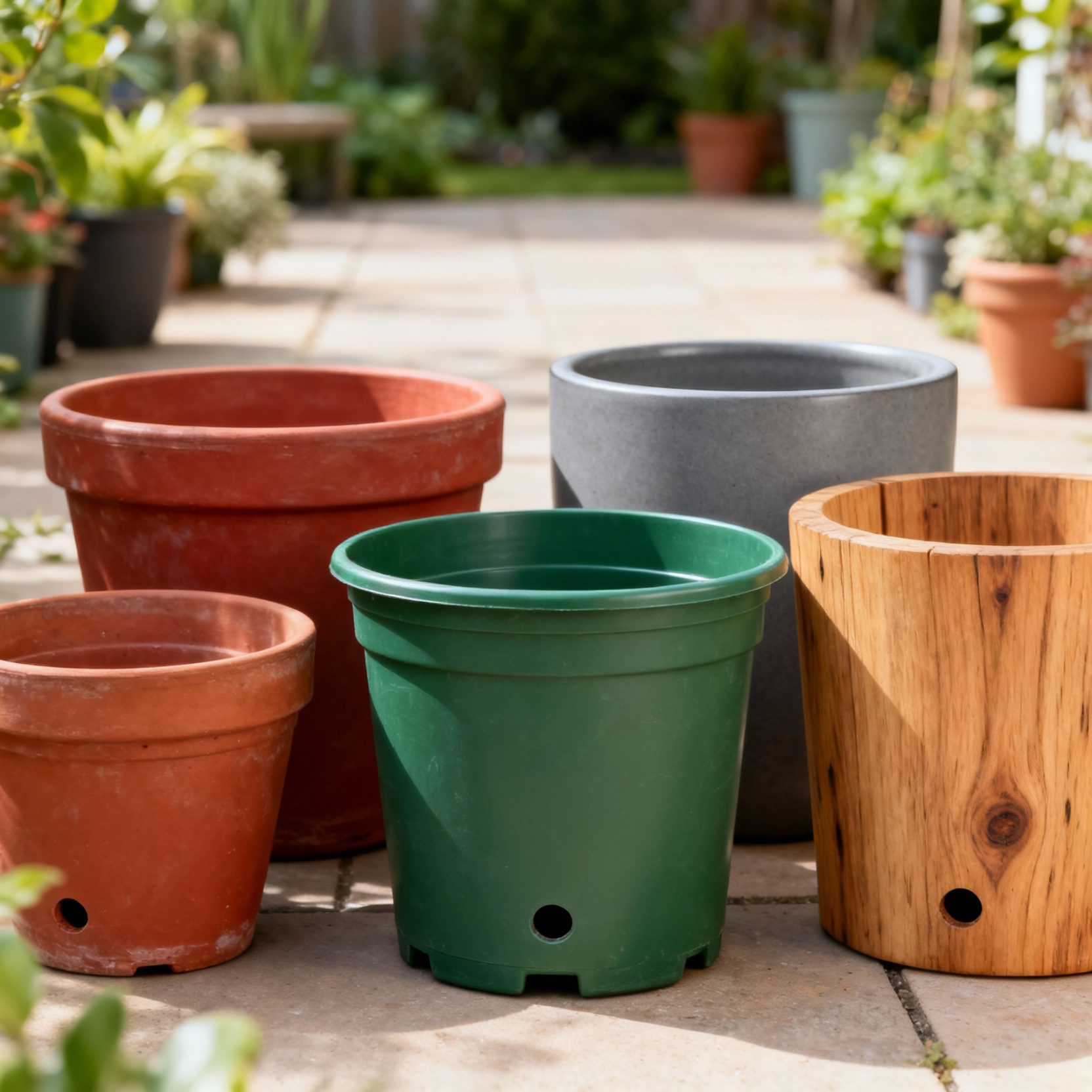 Professional photo showing various garden pots including terracotta, ceramic, plastic, and wood, with clearly visible drainage holes for container gardening.