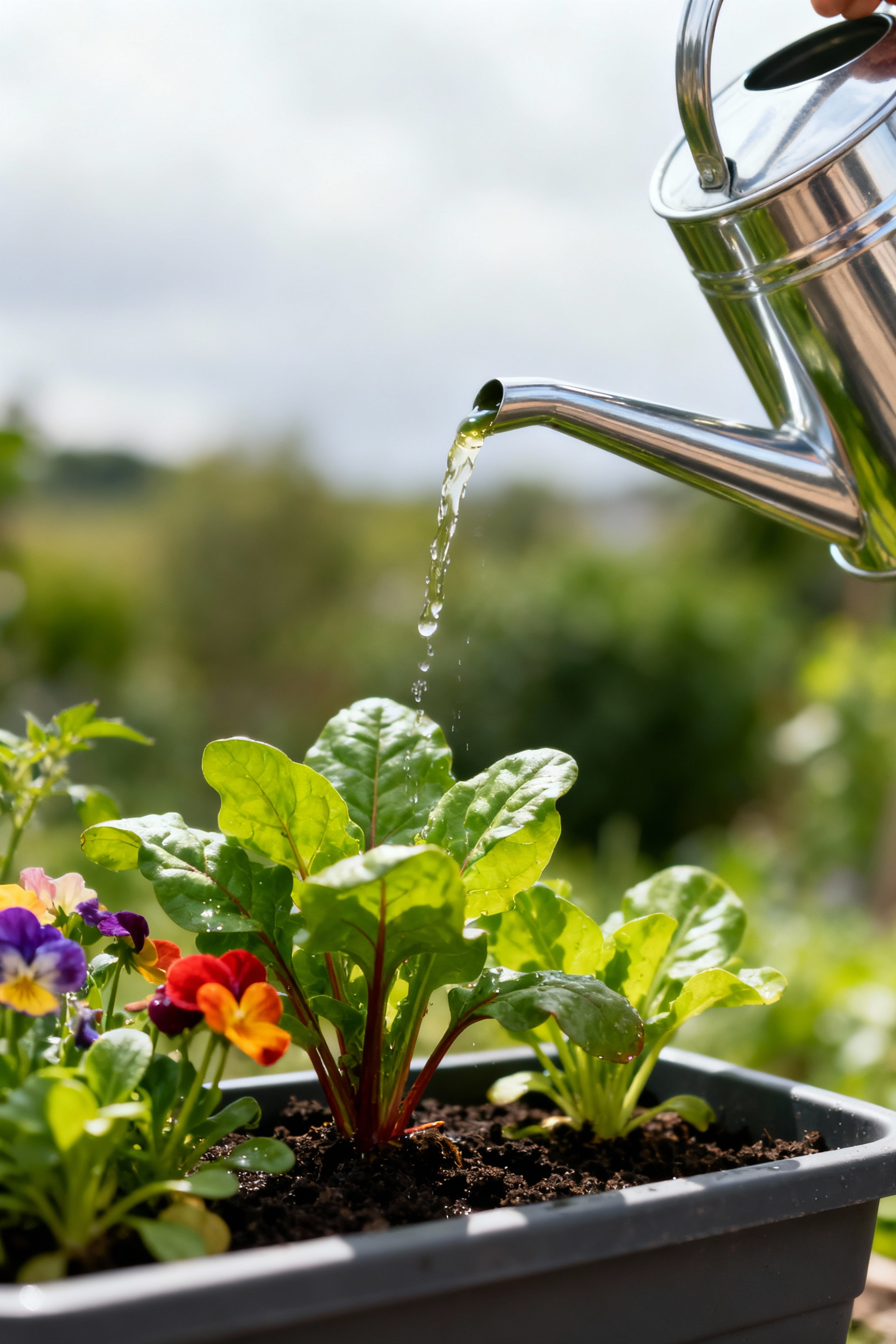 A close-up portrait of a container plant receiving liquid fertilizer from a watering can, highlighting lush green leaves and vibrant blooms for healthy growth.