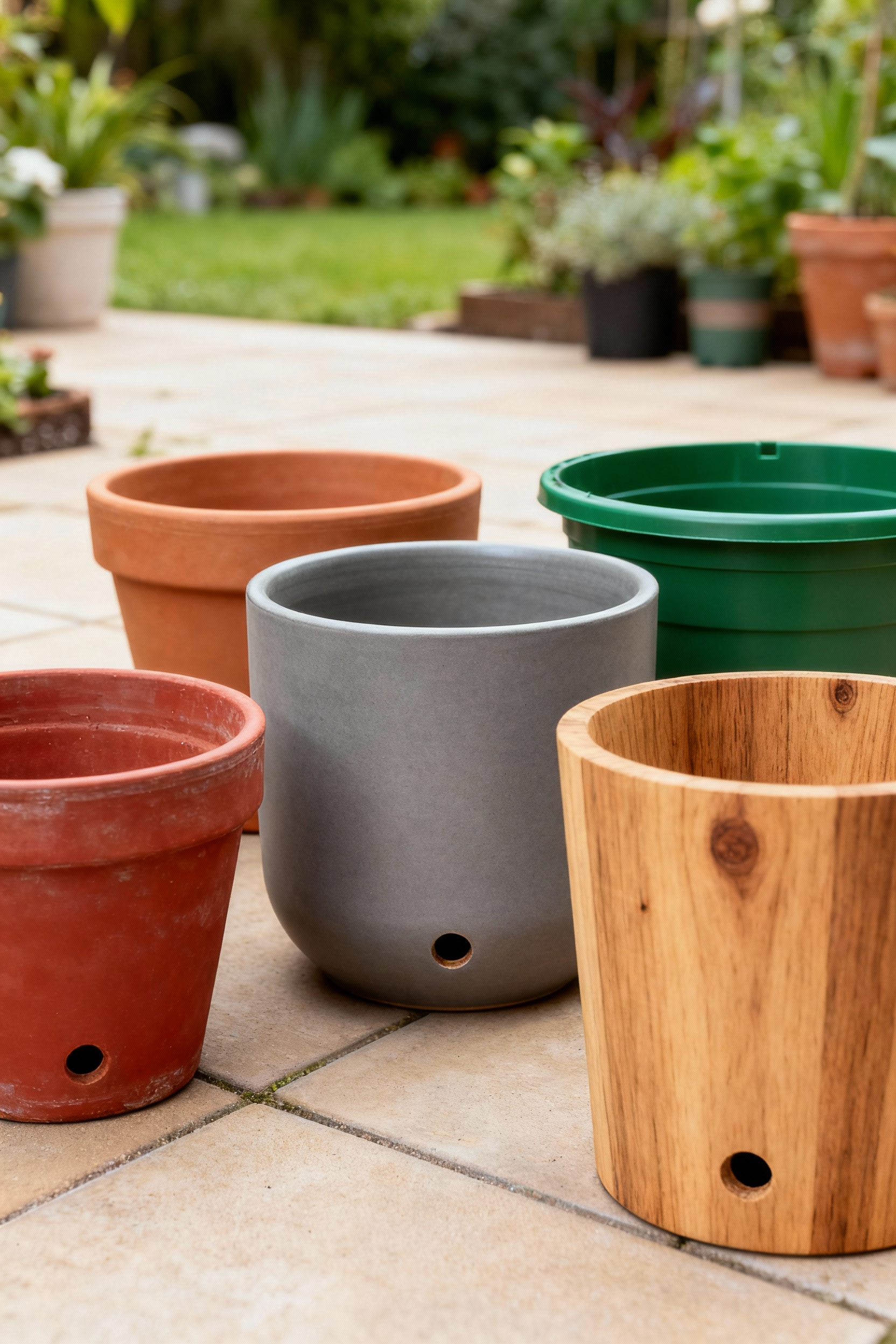 Professional photo showing various garden pots including terracotta, ceramic, plastic, and wood, with clearly visible drainage holes for <a href=