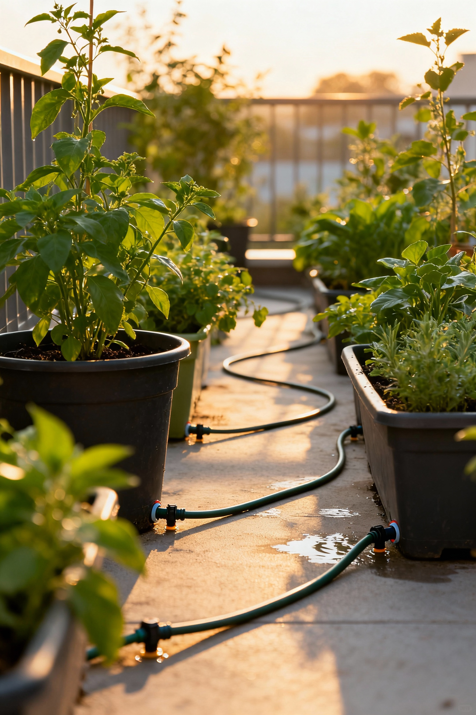 Close-up of a container garden utilizing a smart drip irrigation system, with water emitters near plant bases, showing efficient and consistent watering.