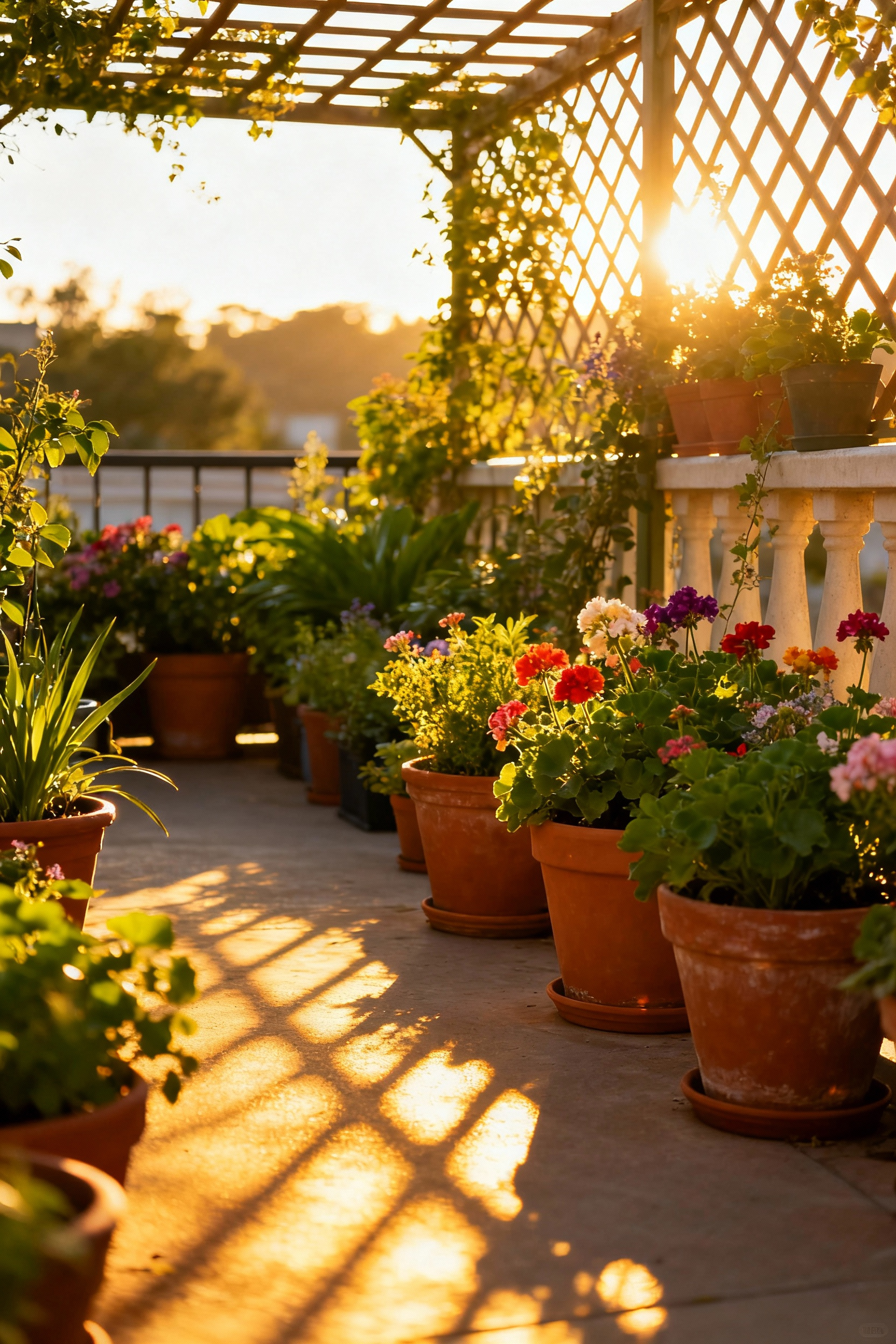 A beautifully arranged container garden on a patio with varying levels of sun exposure, showing plants thriving in direct sunlight and others in shade. Lush plants in terracotta and ceramic pots demonstrate optimal placement for sun exposure.