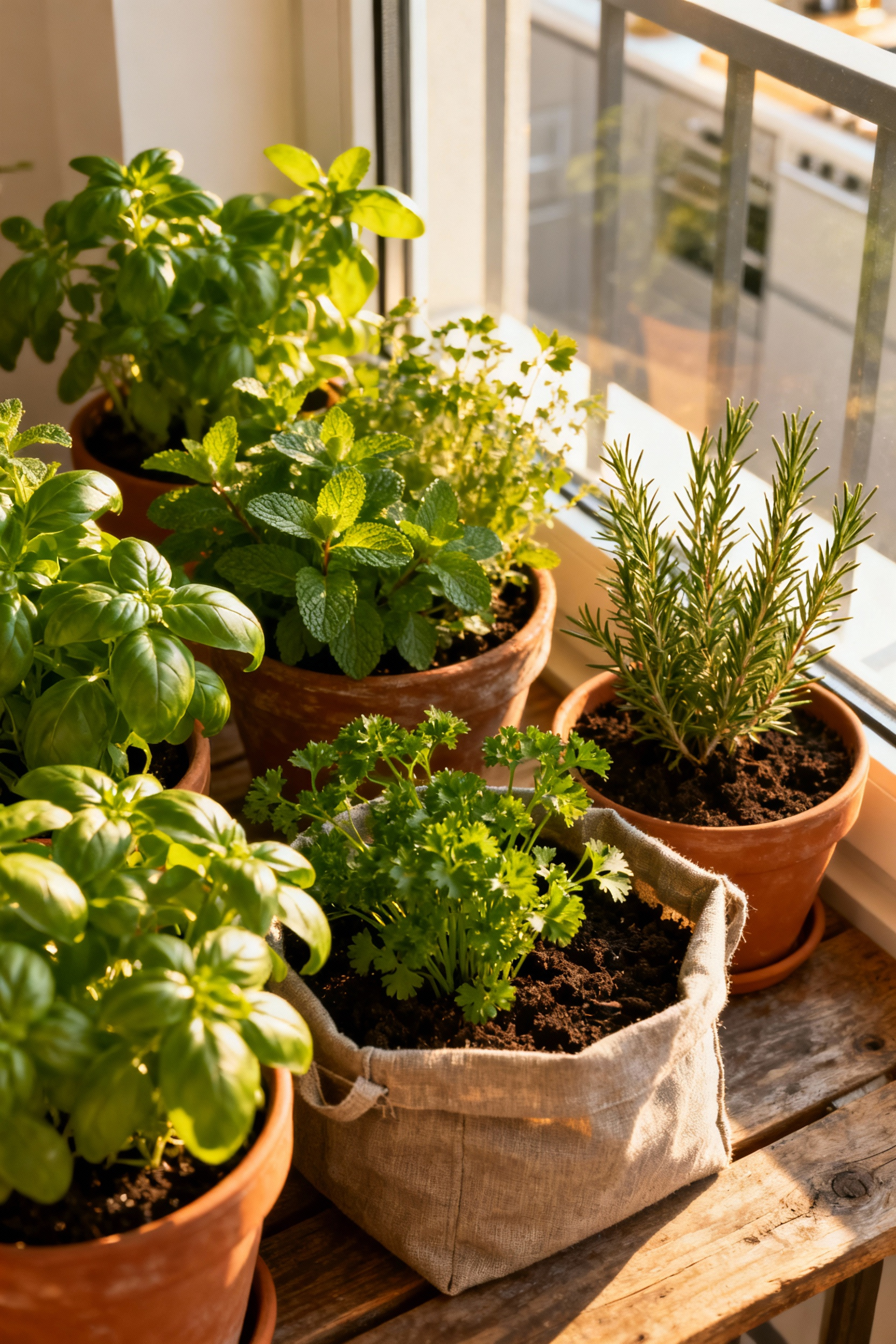 Portrait of various fresh culinary herbs, including basil, rosemary, and mint, growing in different container pots on a sunny balcony, ready for a kitchen garden.