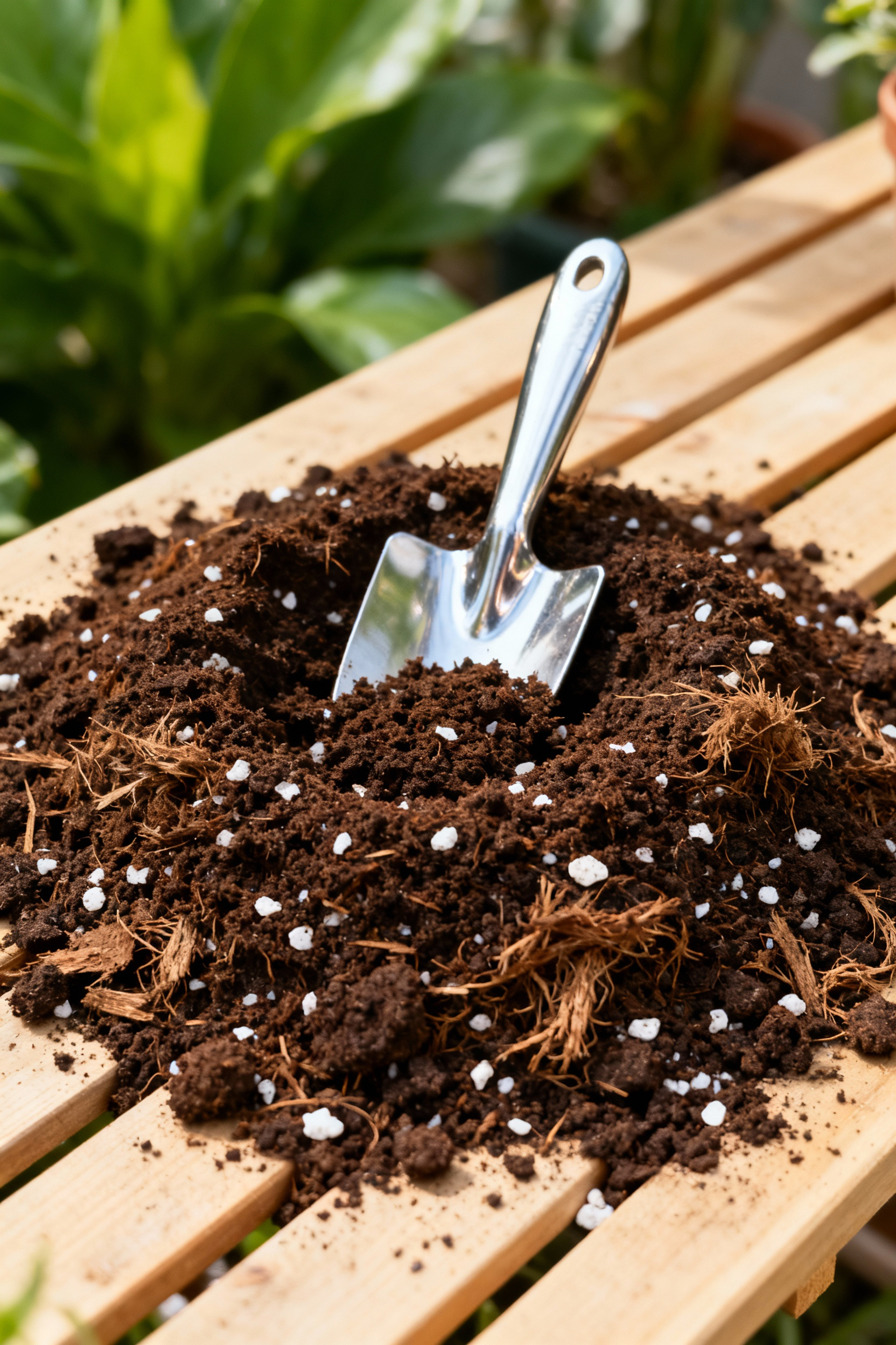 Mound of dark, rich quality potting mix with perlite and coco coir on a wooden potting bench with a silver trowel, indicating preparation for container gardening.