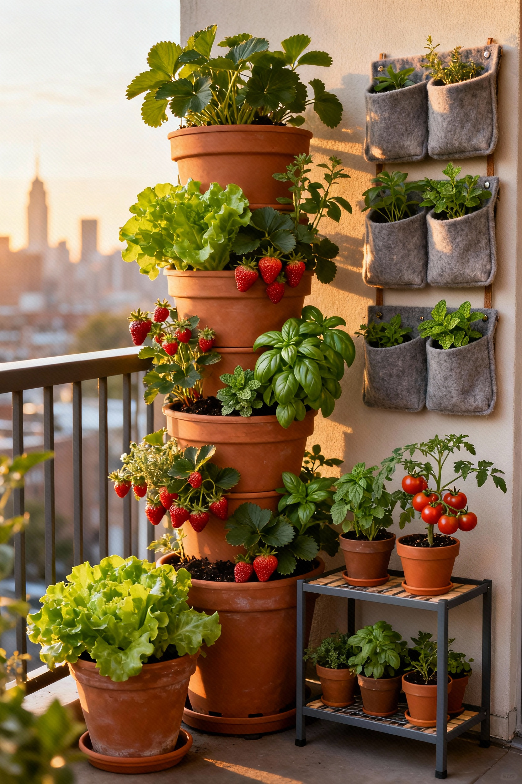 A lush urban vertical garden on a balcony, featuring stackable terracotta pots and wall-mounted fabric pockets filled with various herbs, leafy greens, and strawberries, bathed in soft morning light, demonstrating efficient space utilization.