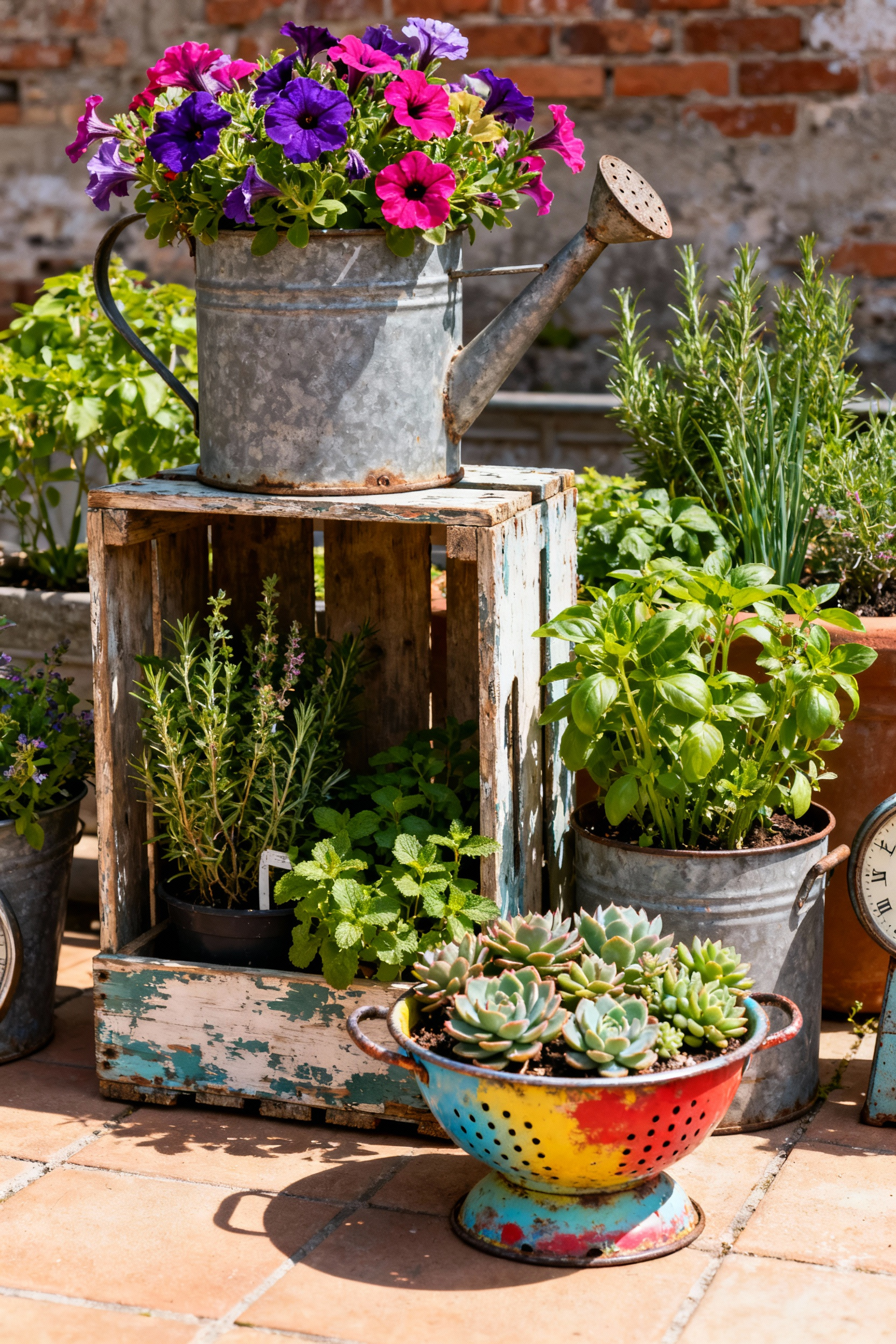Assortment of upcycled everyday objects like a watering can, colander, and wooden crate filled with vibrant plants, acting as unique container planters on a patio.