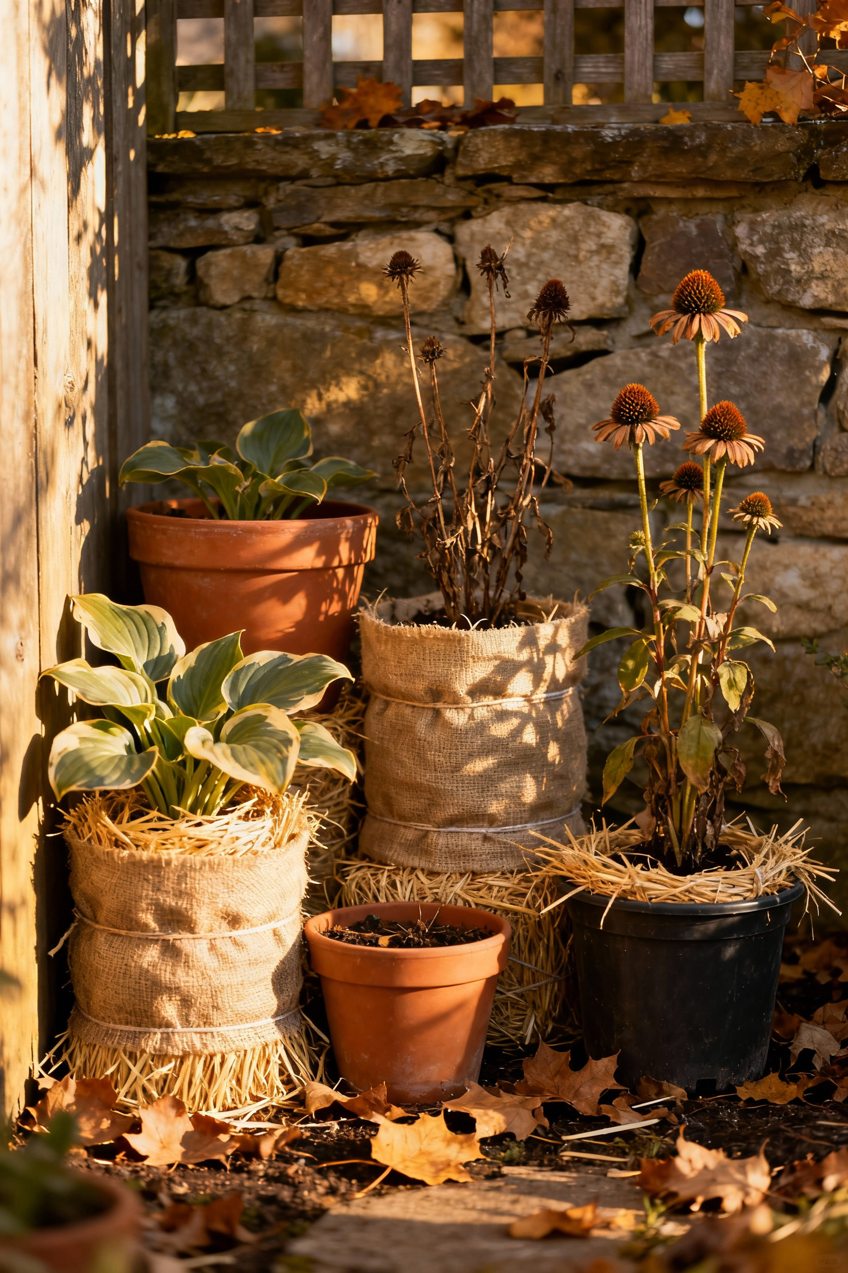 Container perennials wrapped in burlap and straw, protected for winter.