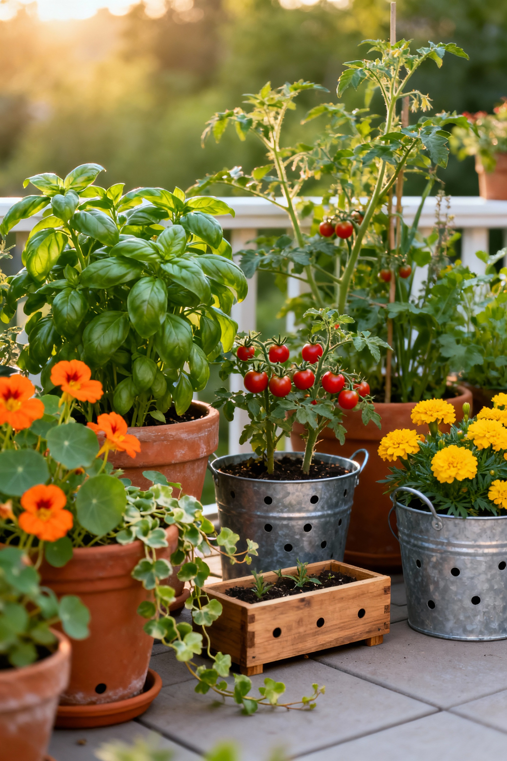 A colorful collection of beginner-friendly container plants including cherry tomatoes, basil, nasturtiums, and marigolds flourishing on a sunny patio, perfect for new gardeners.