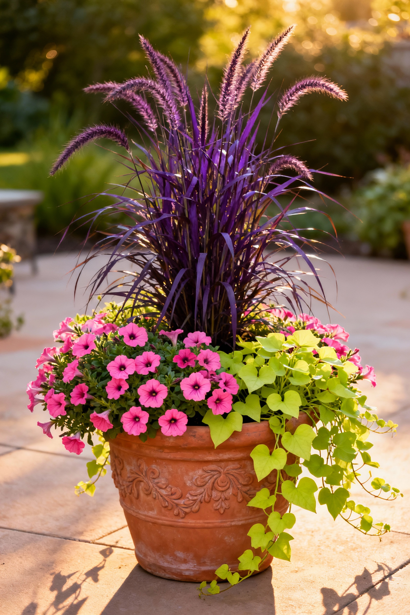 Vibrant container garden featuring purple fountain grass as the thriller, pink petunias as fillers, and lime green sweet potato vine as spillers in a terracotta pot, showcasing the Thriller Filler Spiller design.