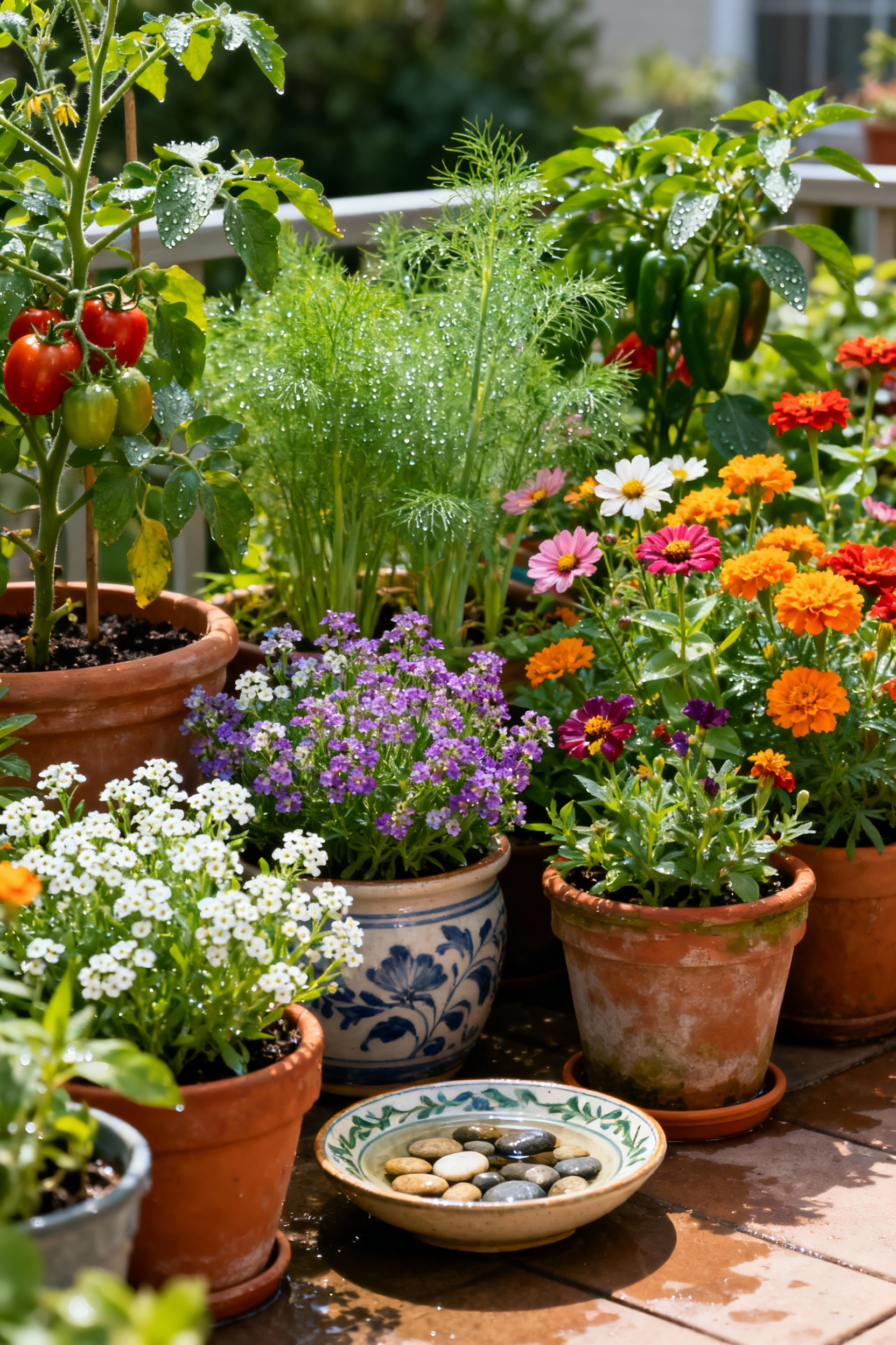 A vibrant, diverse container garden featuring various flowering plants like sweet alyssum and dill alongside edible plants, attracting beneficial insects. The pots are arranged on a sunny patio, with natural light highlighting the lush greenery and colorful blooms, creating a self-sustaining micro-ecosystem.