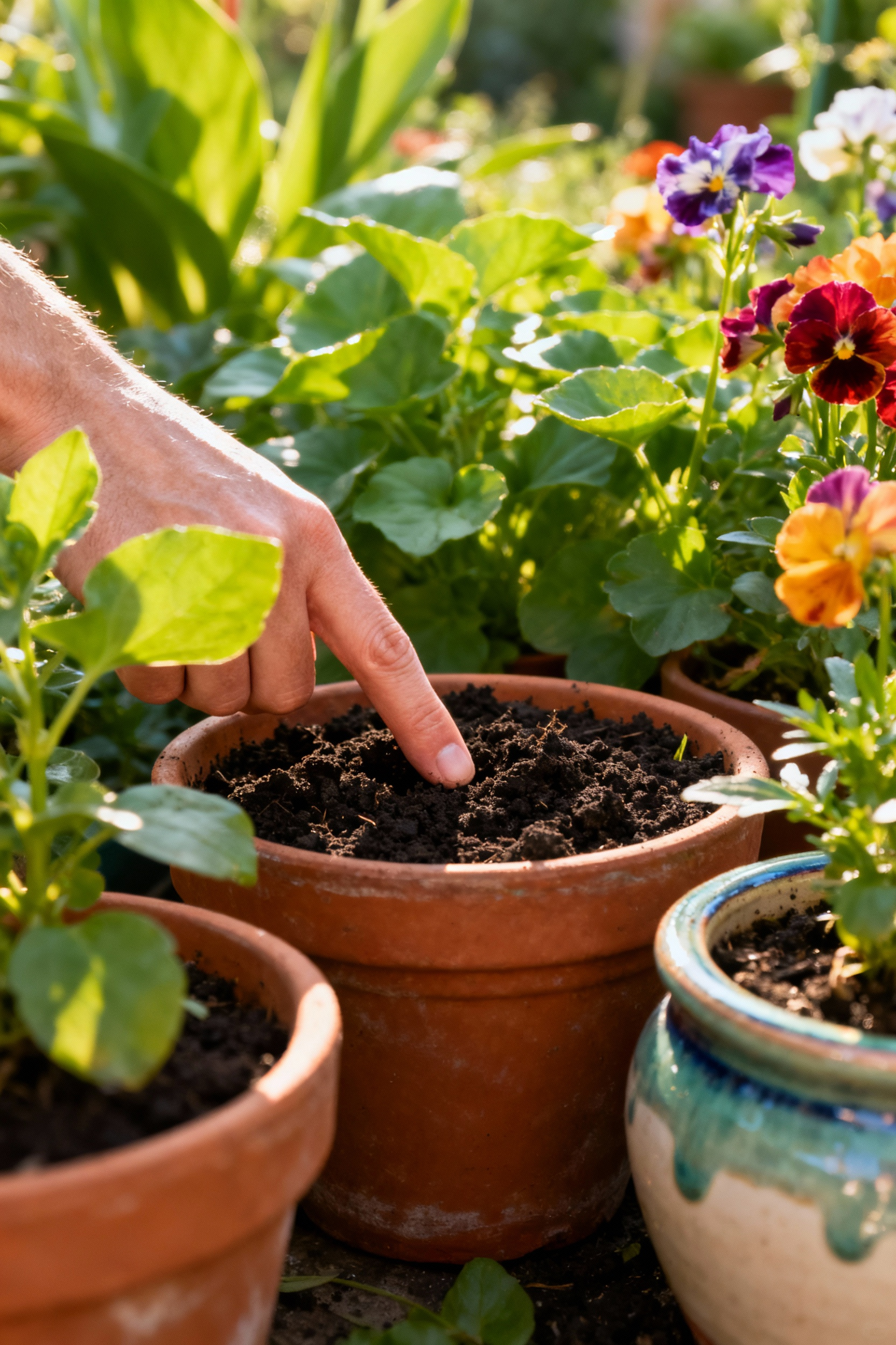 Healthy container garden plants with a subtle finger test on moist soil, demonstrating smart watering techniques to prevent overwatering or under-watering.
