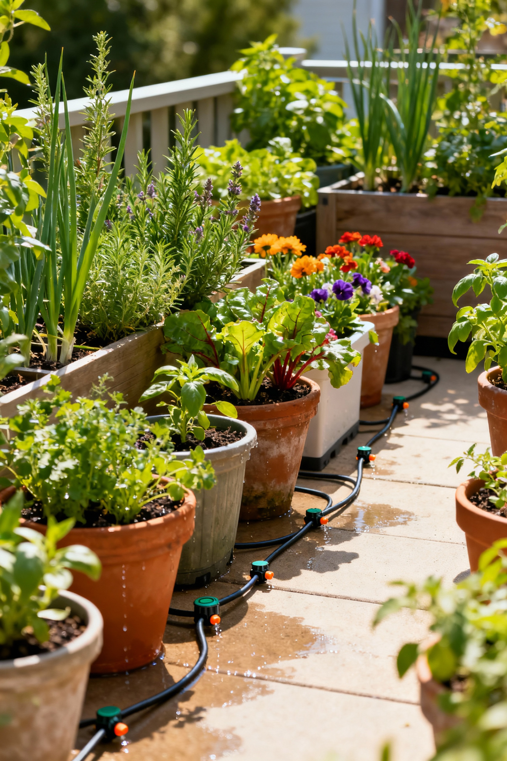 Close-up of a container garden with a drip irrigation system, showcasing healthy plants and automated watering components, designed for hands-off care.