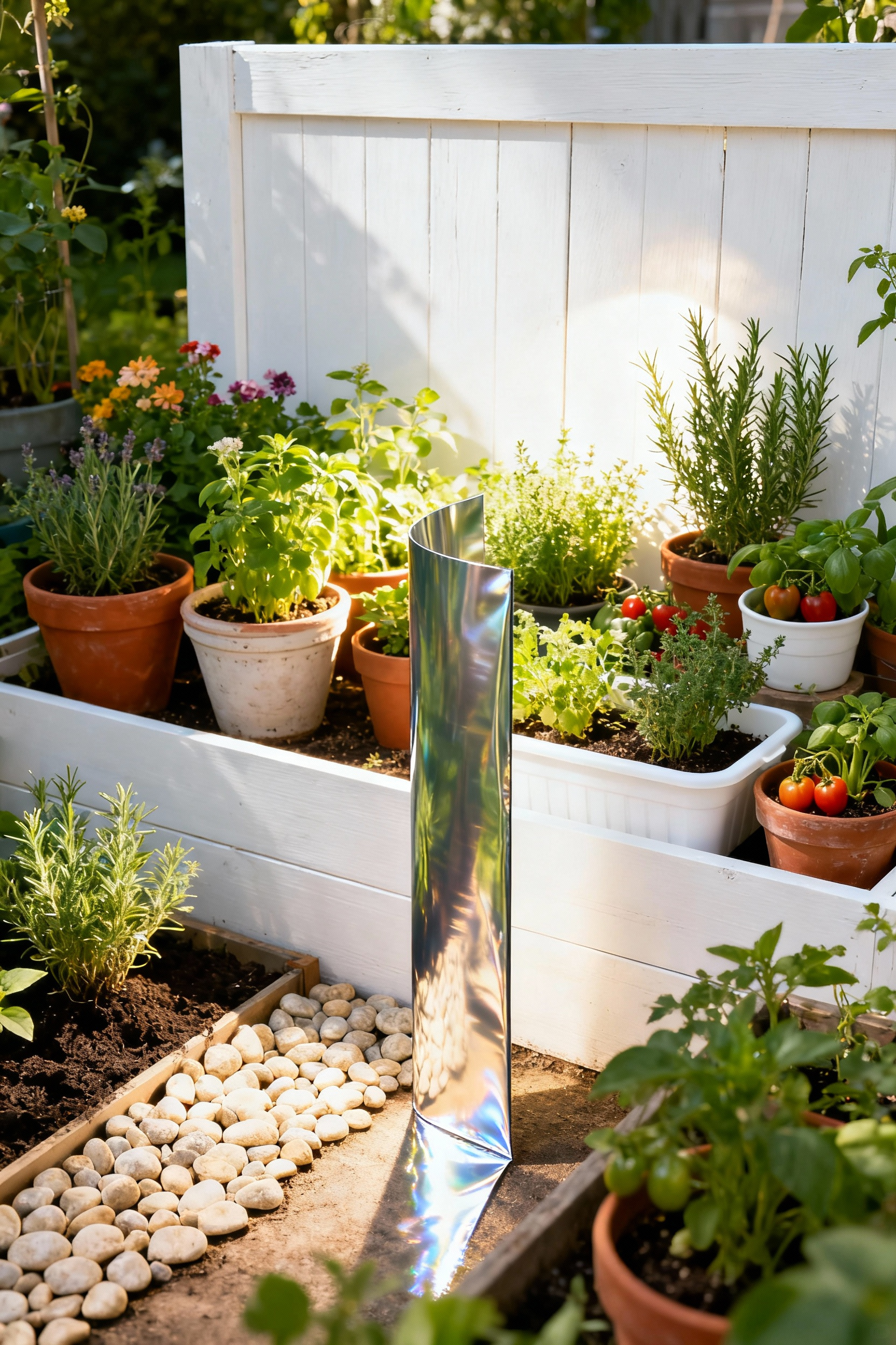 A vibrant container garden featuring various plants in pots, enhanced by a white wooden board, light-colored pebbles, and Mylar film strategically placed to reflect and optimize sunlight for better plant growth.