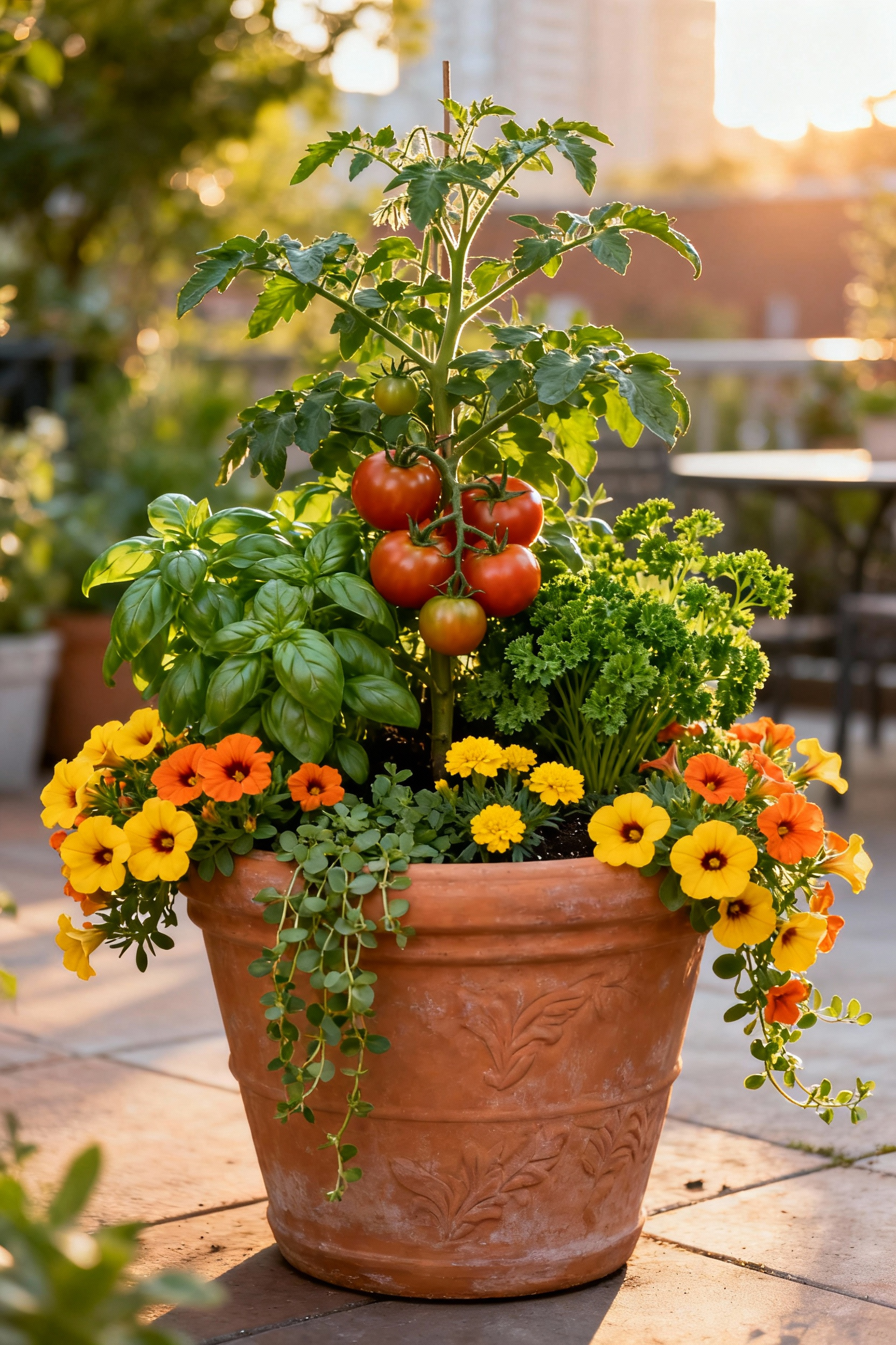 A beautifully designed Edible Ornamental Container Garden in a large terracotta pot, featuring a determinate tomato plant, basil, parsley, trailing orange and yellow calibrachoa, and marigolds under soft afternoon light on a patio.
