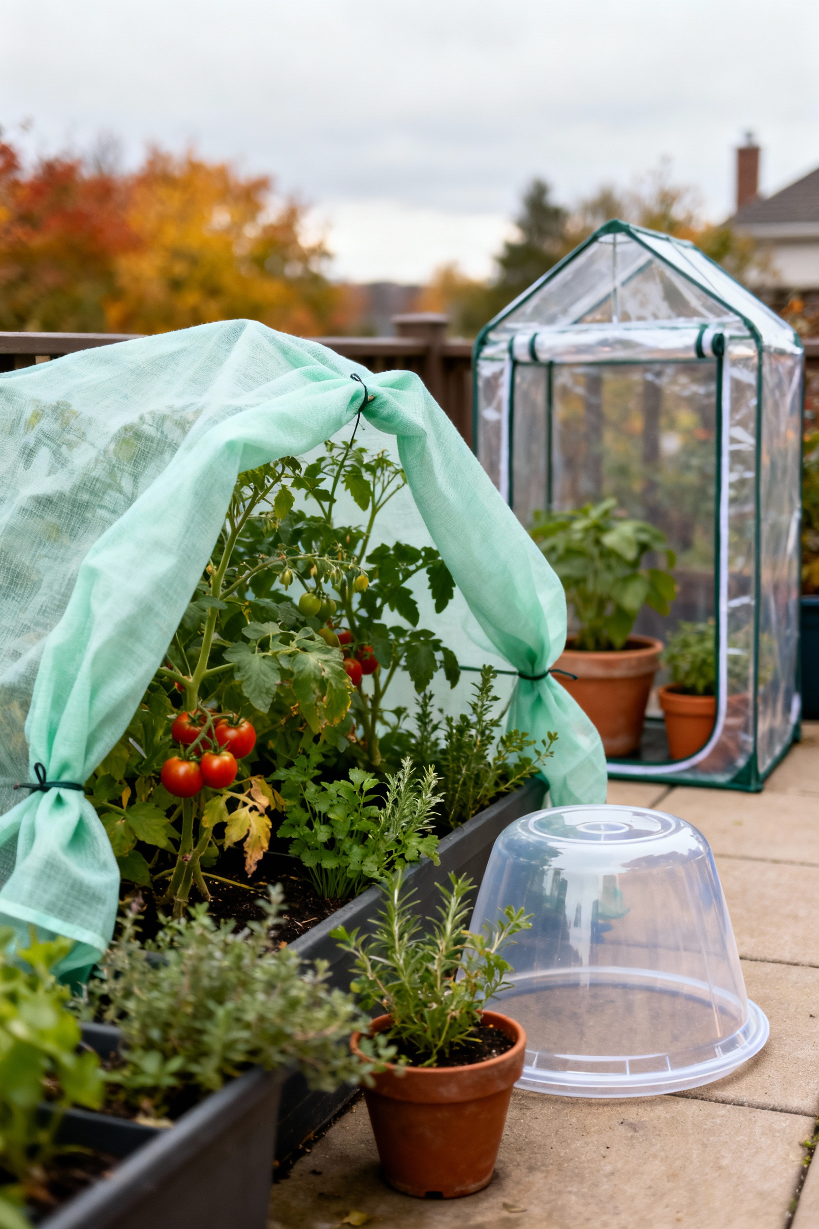 Container garden plants protected from frost and cooler weather with horticultural fleece, cloches, and a mini-greenhouse on a patio.