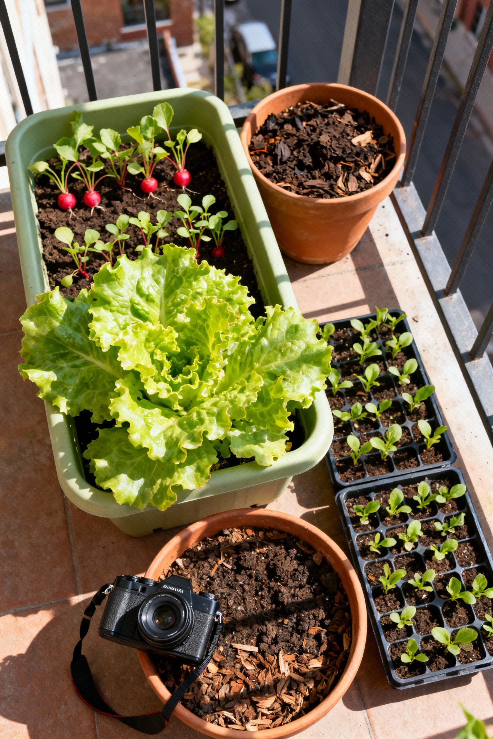 Vibrant container garden displaying various stages of succession planting on a sunny patio, with mature plants, new seedlings, and prepped soil for continuous harvest.