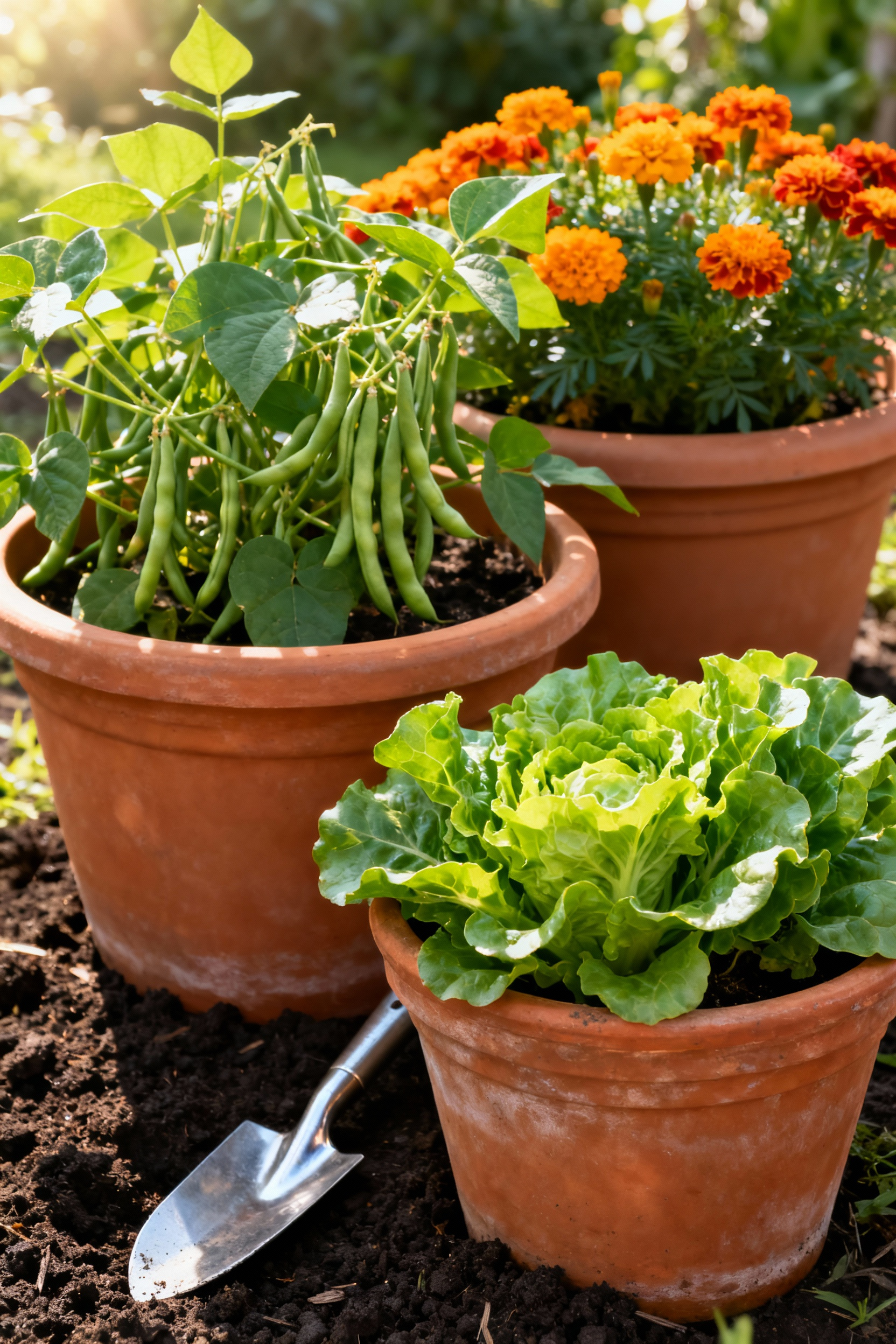 Close-up view of a container garden demonstrating crop rotation, with different plants in separate pots representing healthy soil practices for a bountiful garden.