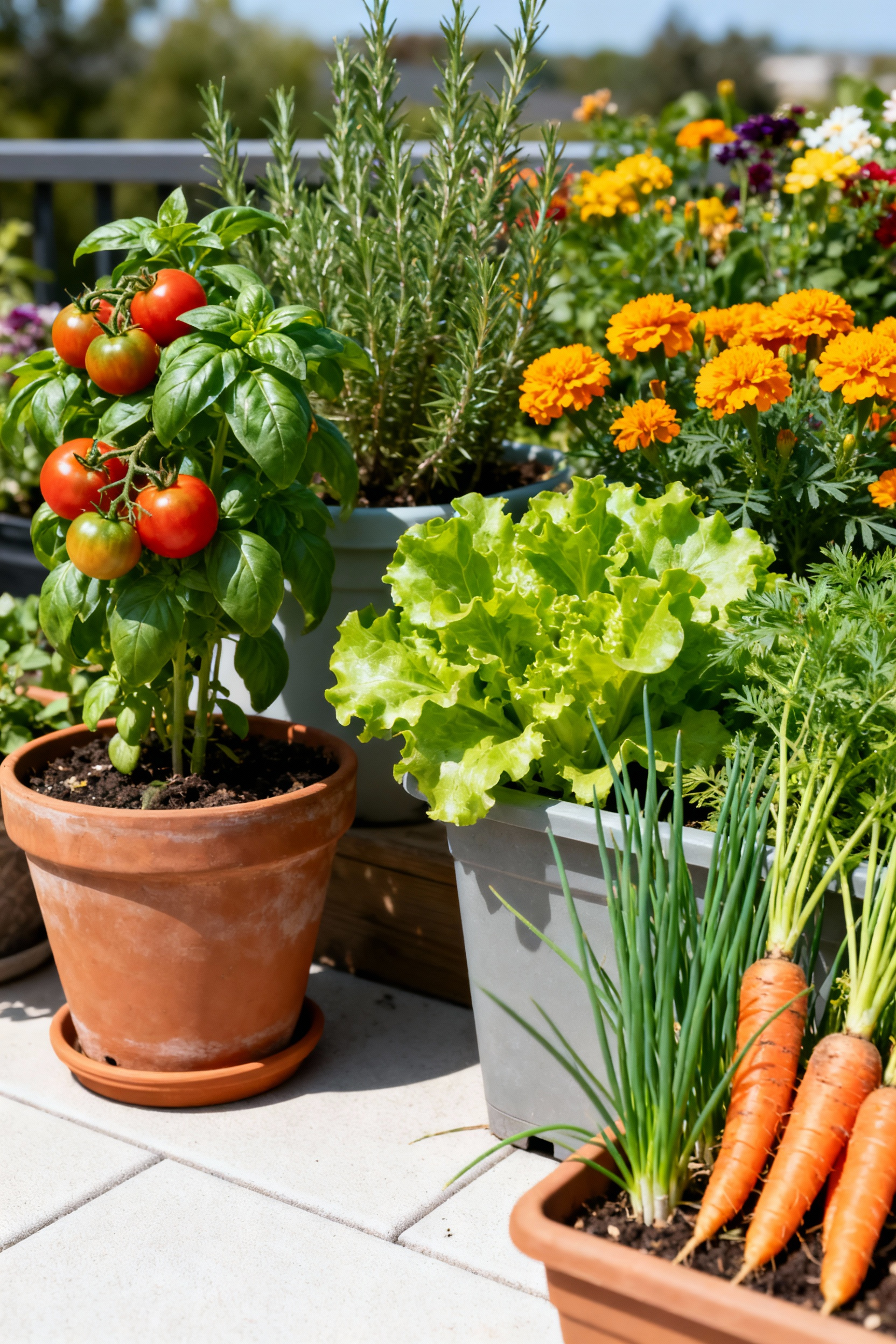 Portrait image of diverse herbs and marigolds companion-planted with healthy vegetables in various patio containers, showcasing natural pest prevention in a lush garden setting.