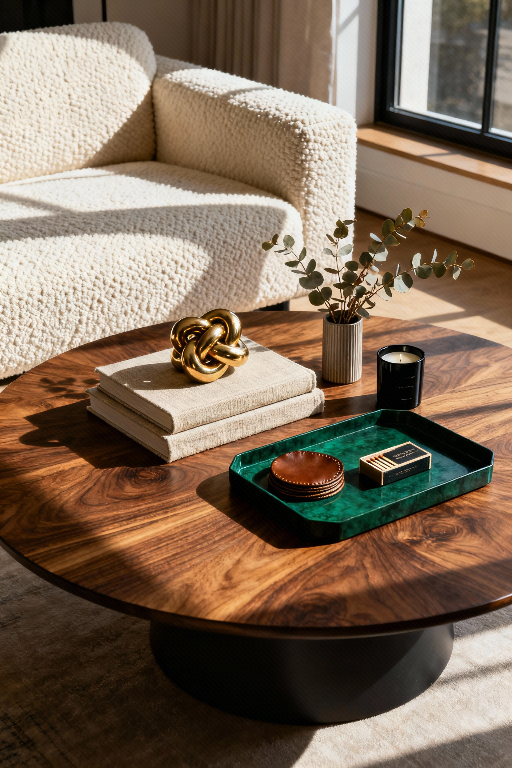A round walnut coffee table styled with three distinct vignettes—a brass sculpture on books, a candle and vase, and a square green tray—demonstrating the Rule of Threes for visual flow.