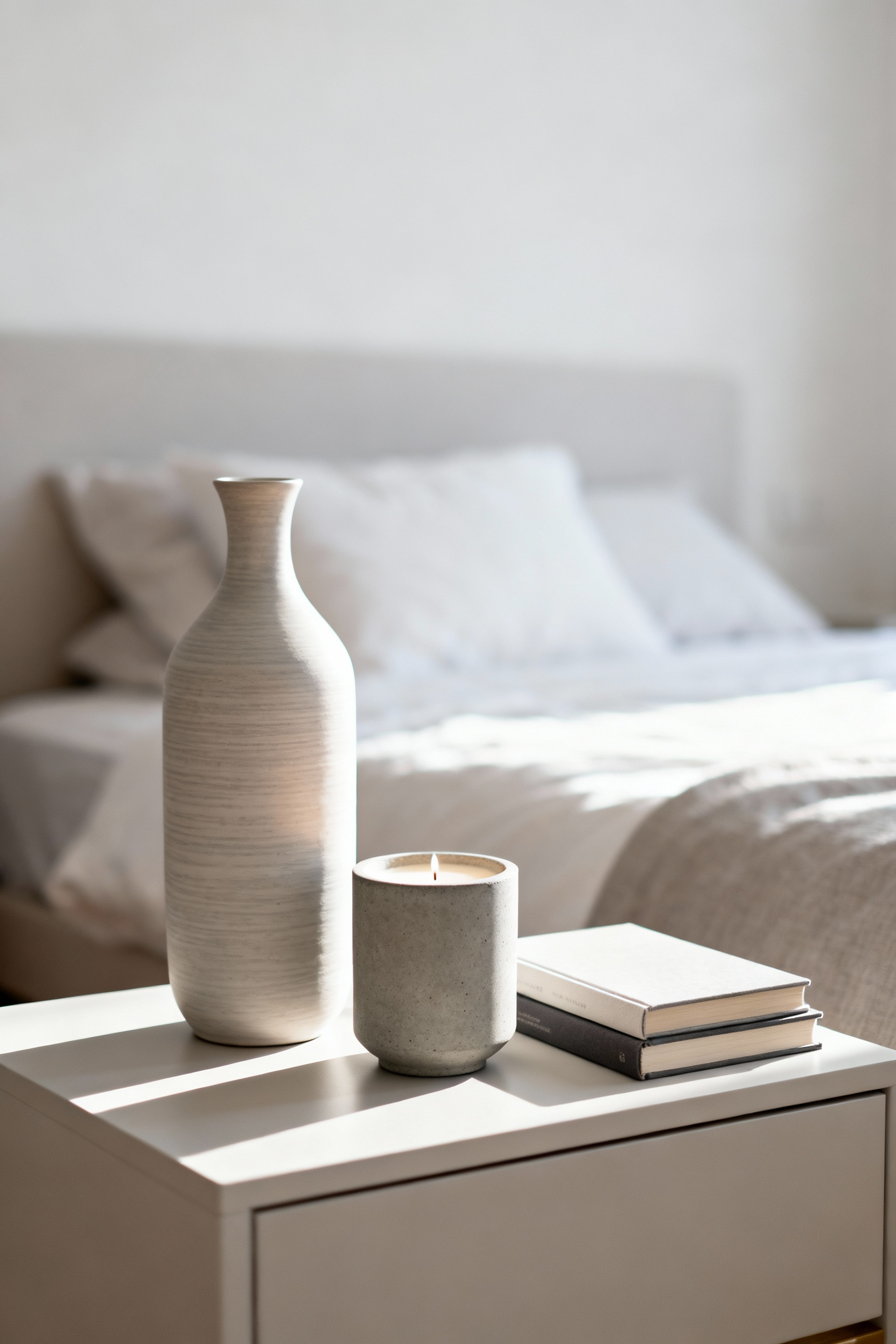 Bedroom nightstand styled with three decor items following the Rule of Three: a tall ceramic vase, a medium concrete candle, and a small stack of books, arranged in a triangular composition under soft natural light.