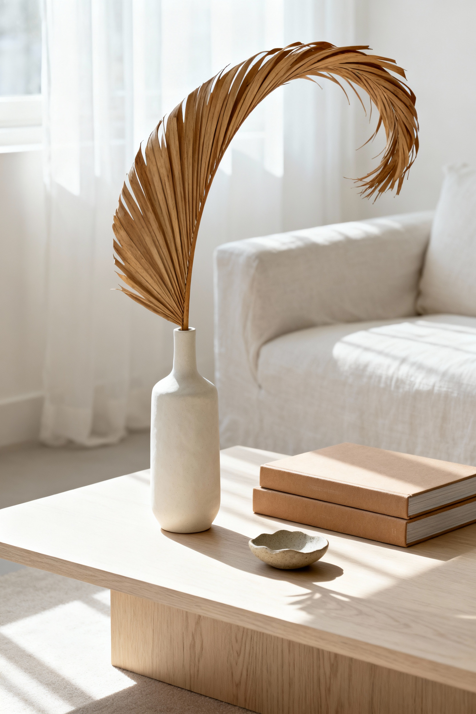 Minimalist coffee table styling featuring a single dramatic curving dried branch in a white sculptural vase placed on a light wood surface, emphasizing silhouette and negative space.