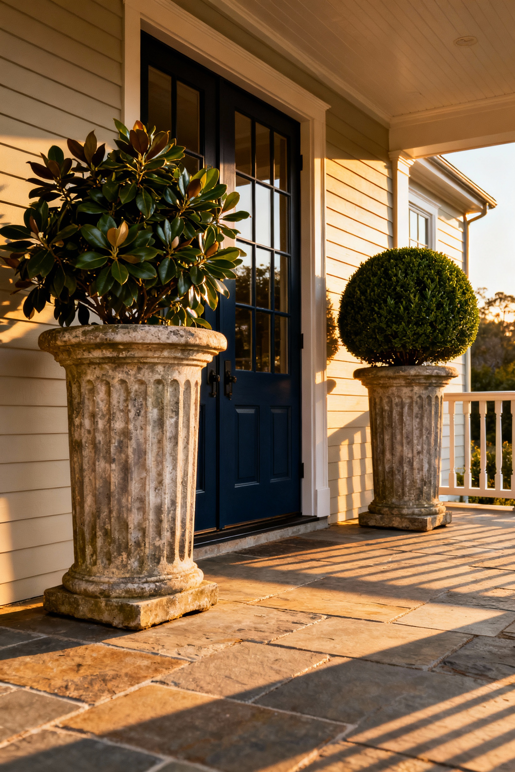 Two oversized, cast-stone planters holding specimen trees flank a back porch doorway, functioning as permanent architectural columns to ground the space in a high-end outdoor decorating scheme.