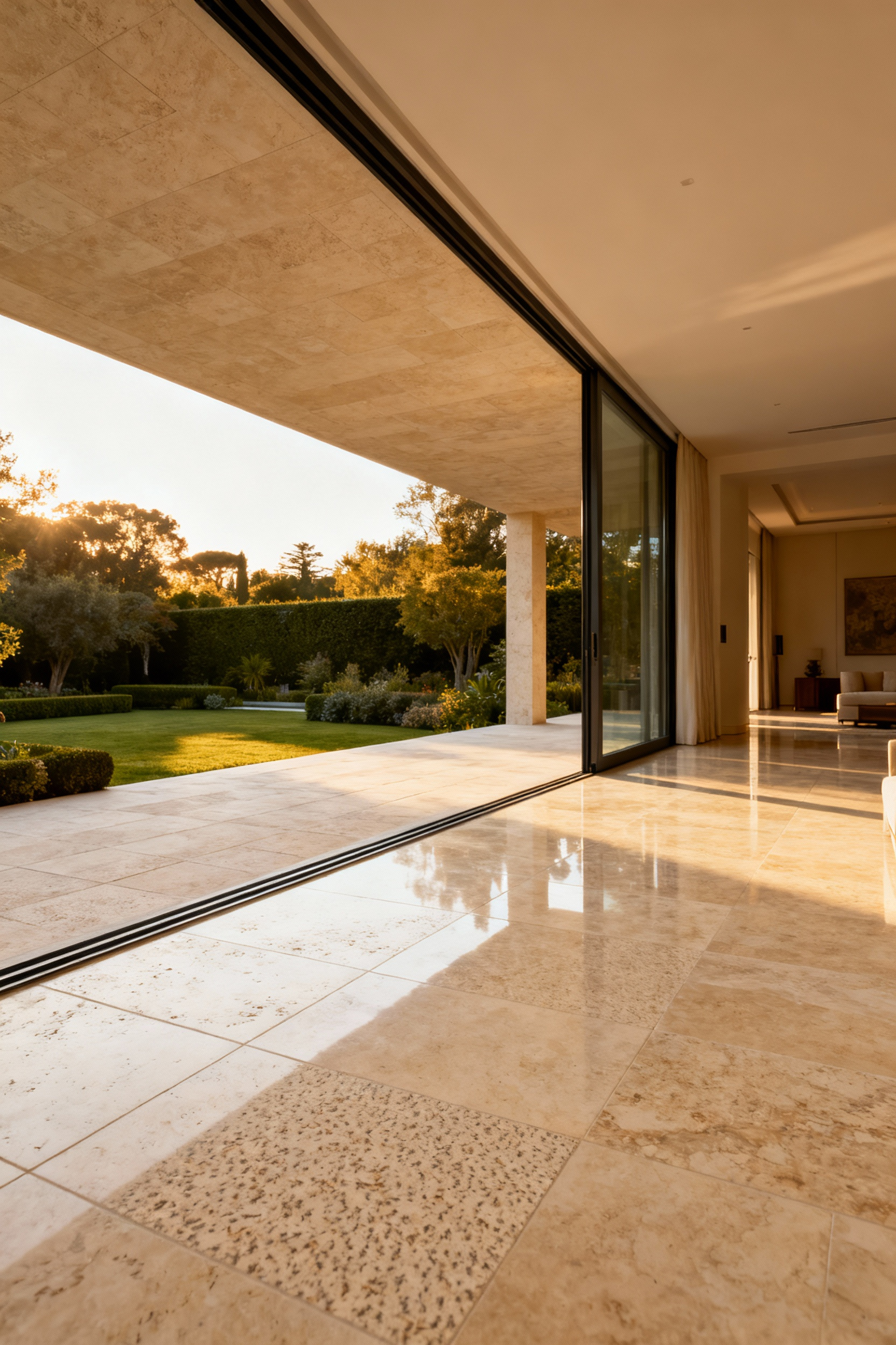 Seamless transition of large format beige travertine flooring extending from a luxury interior parlor onto an elegant covered exterior loggia, demonstrating how identical materials dissolve the architectural threshold.