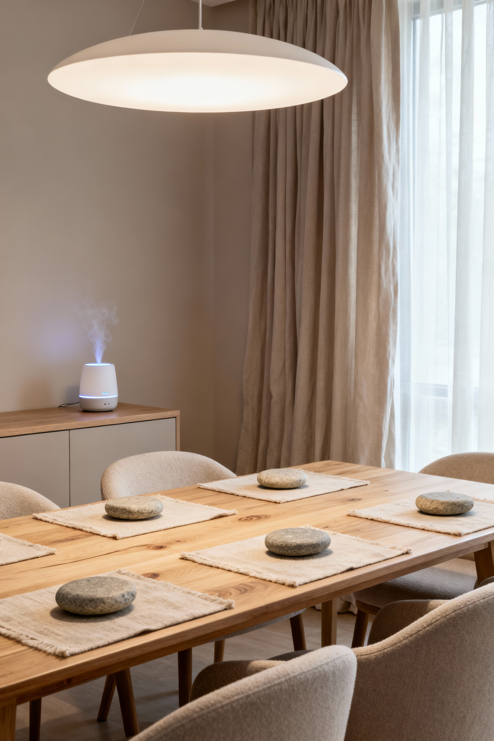 Modern dining room featuring a personalized sensory experience with textured wood table, linen placemats, upholstered chairs, and a subtle scent diffuser, creating an inviting ambiance.