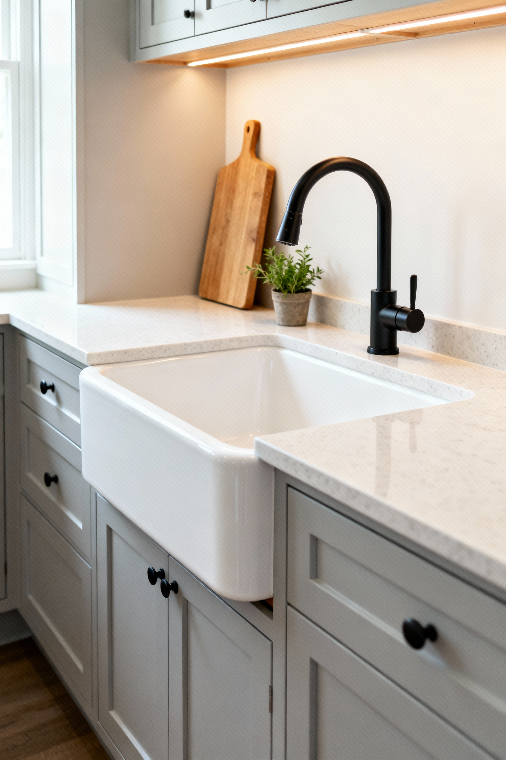 A bright photograph of a short-apron white porcelain farmhouse sink retrofitted seamlessly into light gray kitchen cabinetry, showcasing a successful budget renovation.