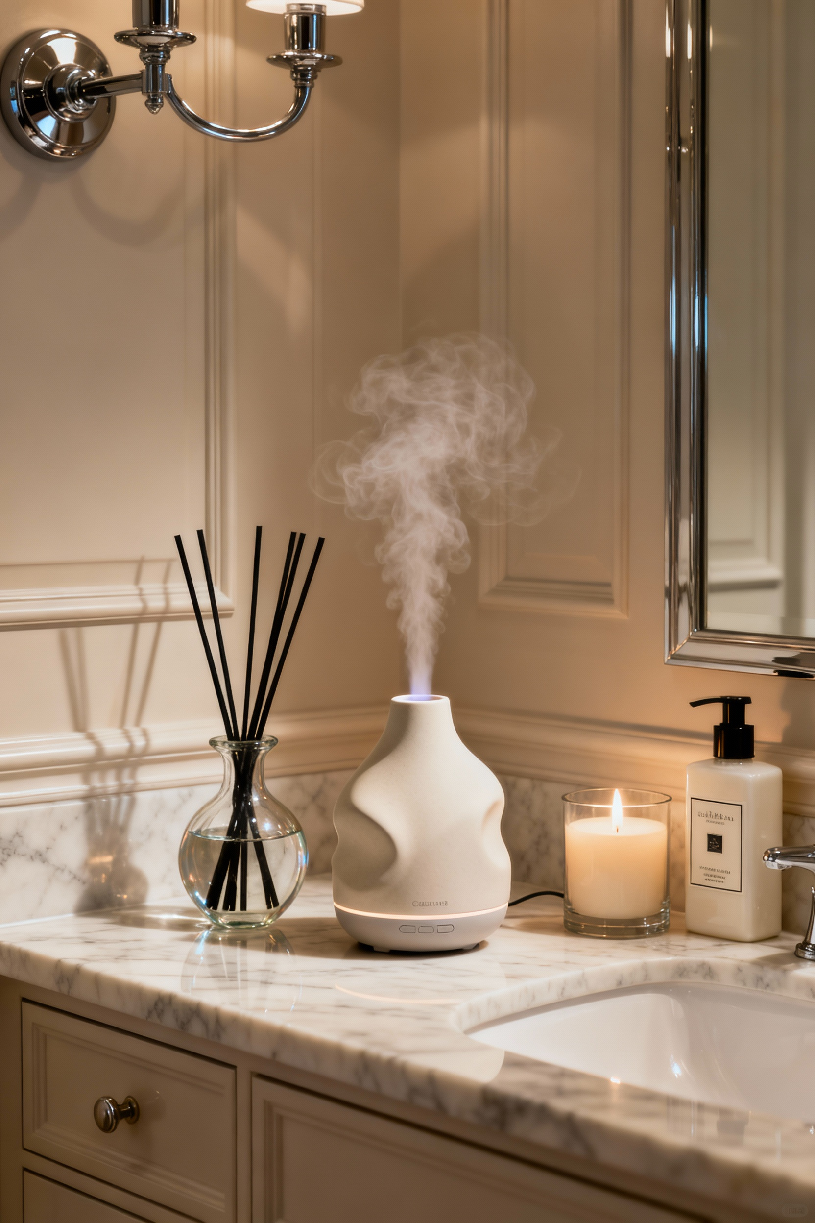 A luxurious bathroom vanity with a sculptural ceramic diffuser, a hand-blown glass reed diffuser, a scented candle, and high-end lotion, suggesting sophisticated bathroom signature scents.