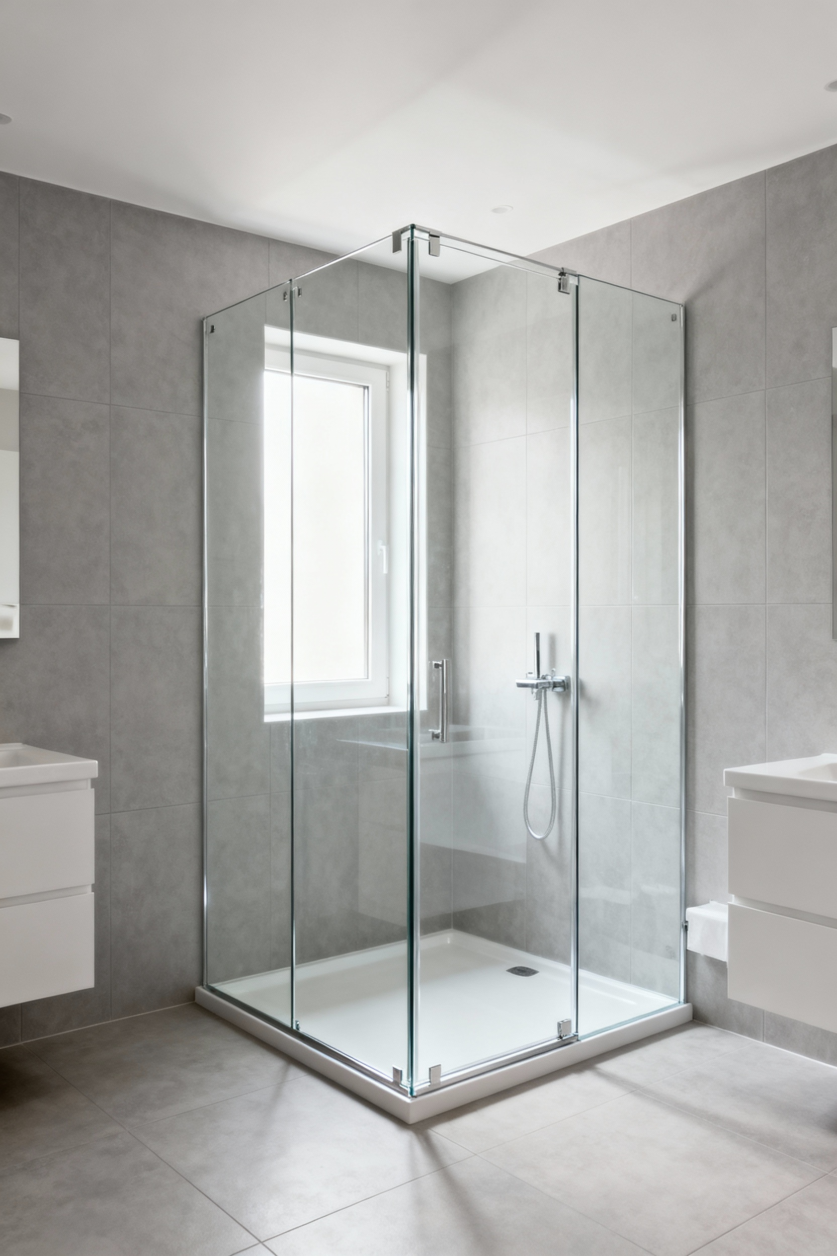 A bright, modern small bathroom featuring a transparent, frameless clear glass shower enclosure that makes the space appear larger and more open, without any opaque curtains.