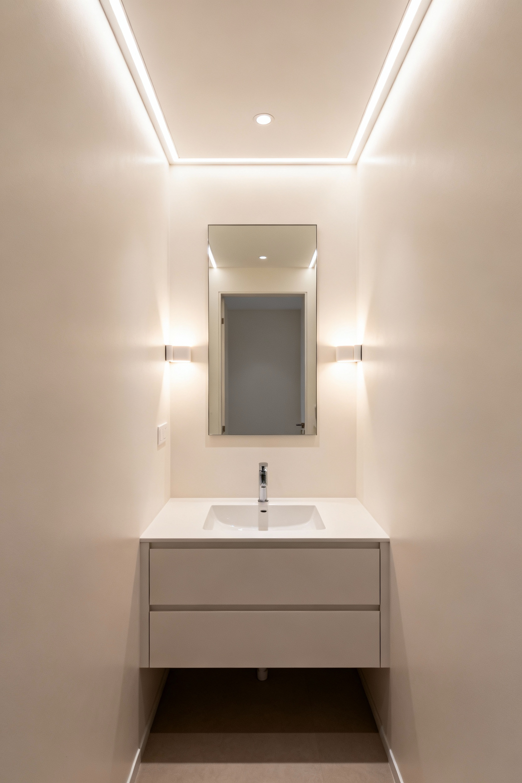 Modern small bathroom featuring smart layered illumination with sleek recessed ceiling lights and elegant sconces flanking a mirror above a floating vanity. The strategic lighting makes the compact space appear brighter and more spacious.