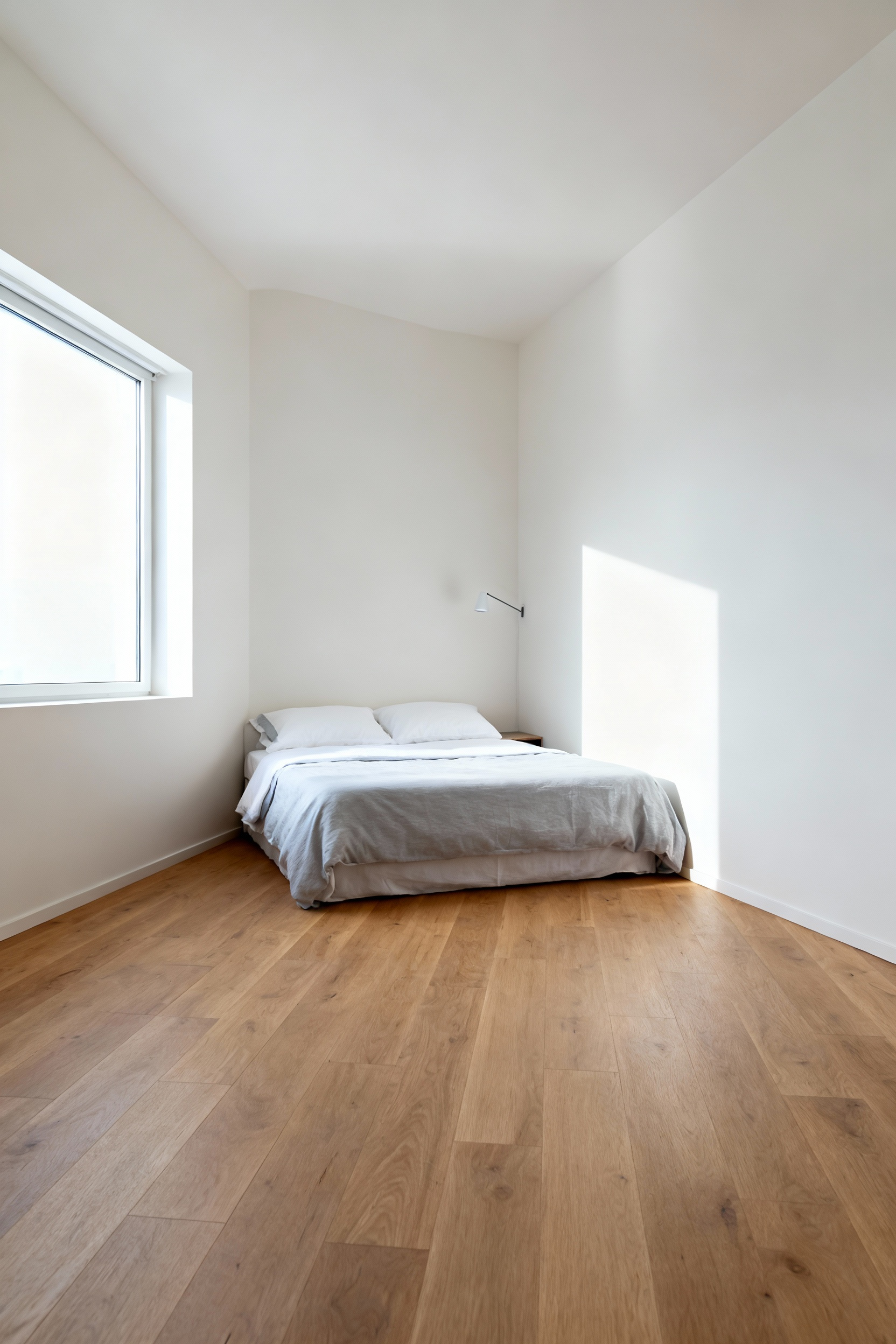 Small modern bedroom showcasing an asymmetrical design where the bed is pushed into the corner, maximizing the available open floor space and enhancing room functionality.
