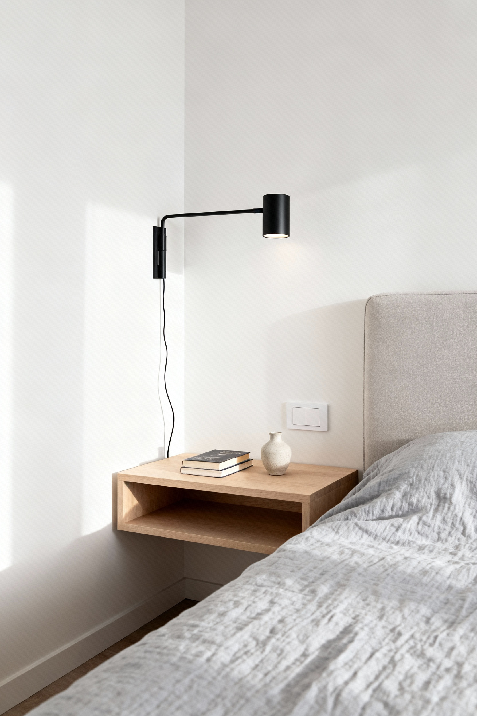 Hardwired matte black wall sconce mounted above a minimalist floating oak nightstand in a small bedroom demonstrating visual noise elimination and maximized surface space.
