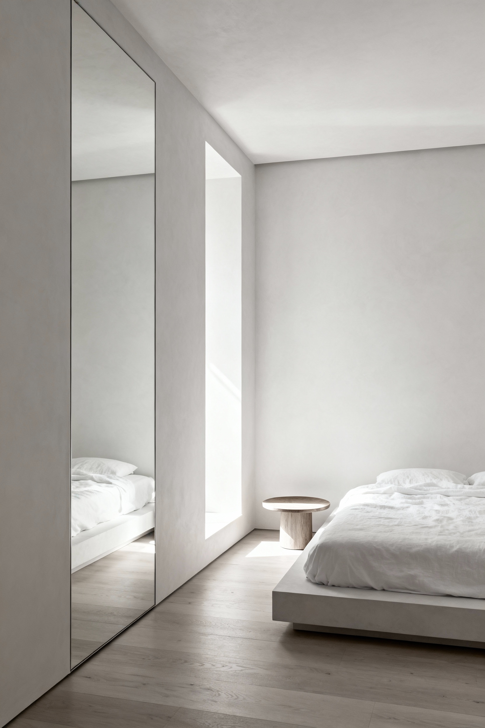 A small, minimalist bedroom painted entirely in a seamless soft white, where the ceiling and walls blend together, featuring a large floor-to-ceiling mirror to create the illusion of expanded space and increased height.