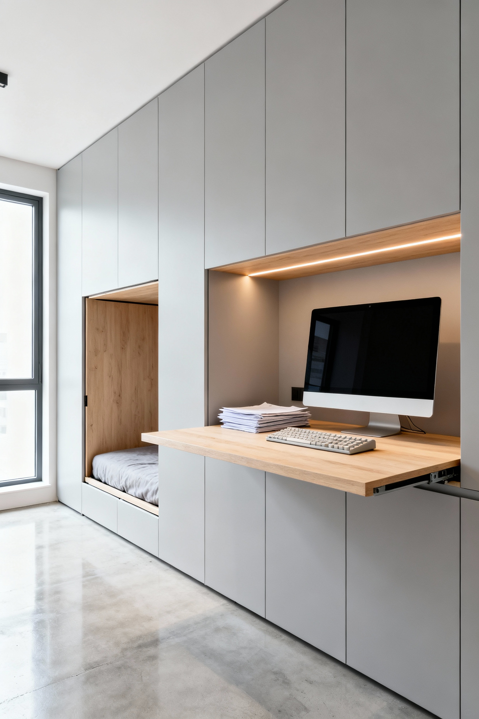 A high-end, integrated Murphy bed wall unit fully recessed into a small, modern home office. A pivot desk extends from the cabinetry, displaying a computer monitor and papers, demonstrating the room's seamless dual-purpose functionality.