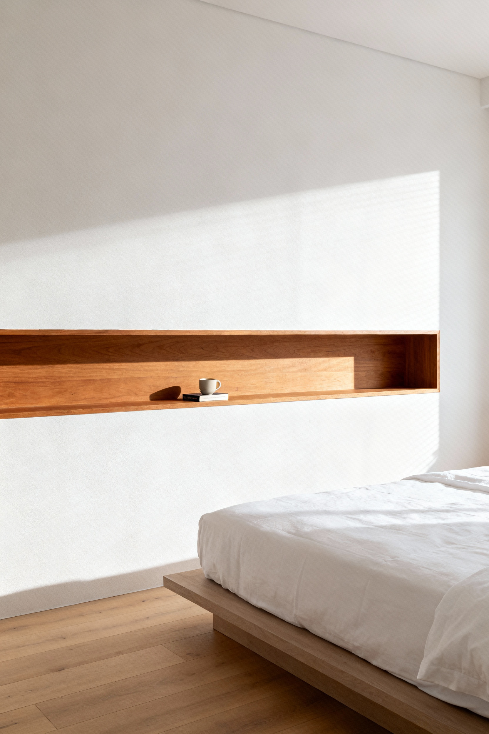 A bright, modern small bedroom featuring a recessed horizontal wood niche built flush into the wall next to the bed, demonstrating effective floor-space-saving storage solutions.