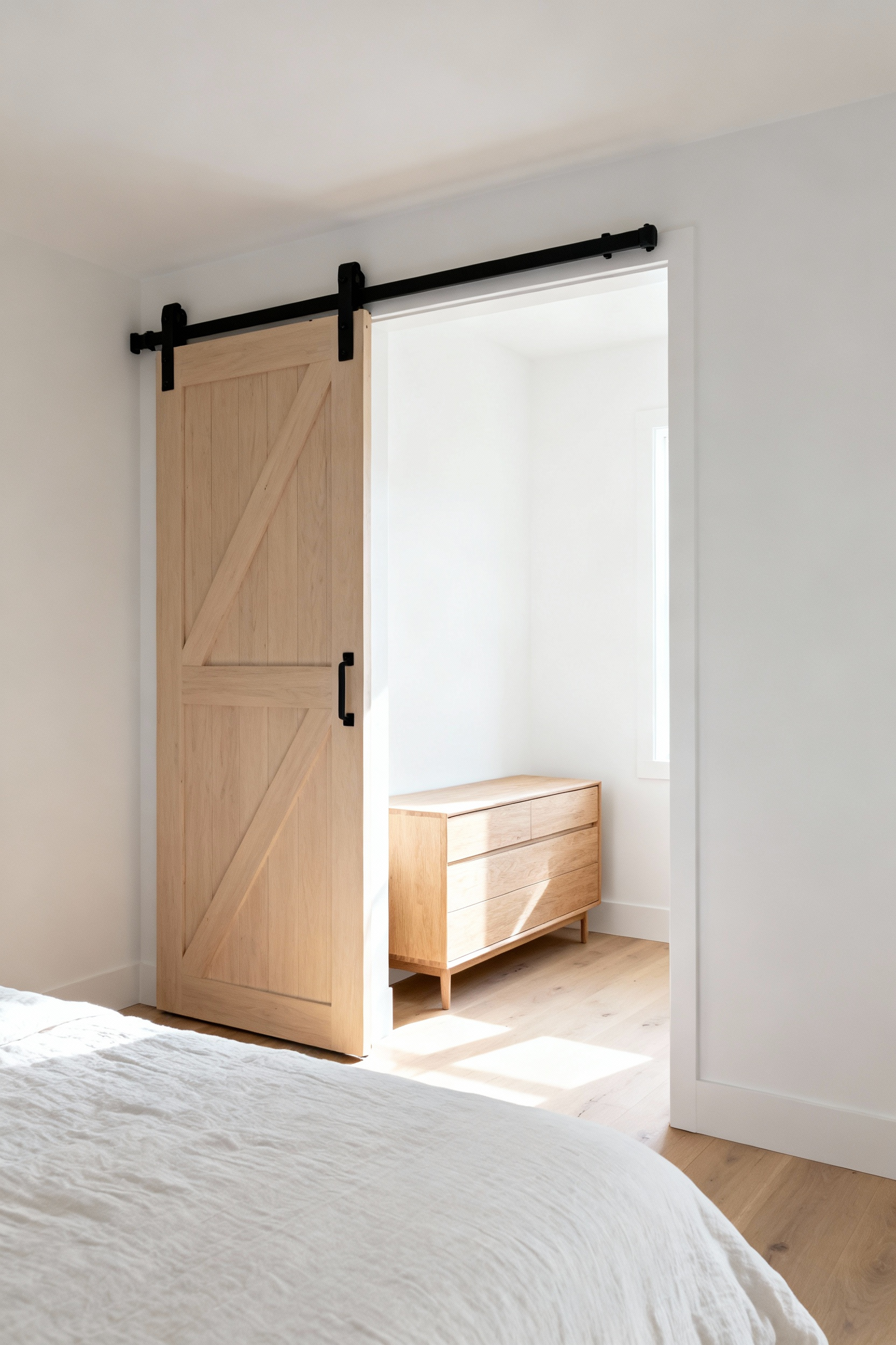 A photograph of a small, minimalist bedroom featuring a light oak sliding barn door that allows a wooden dresser to be placed flush against the wall immediately next to the doorway, maximizing floor space.