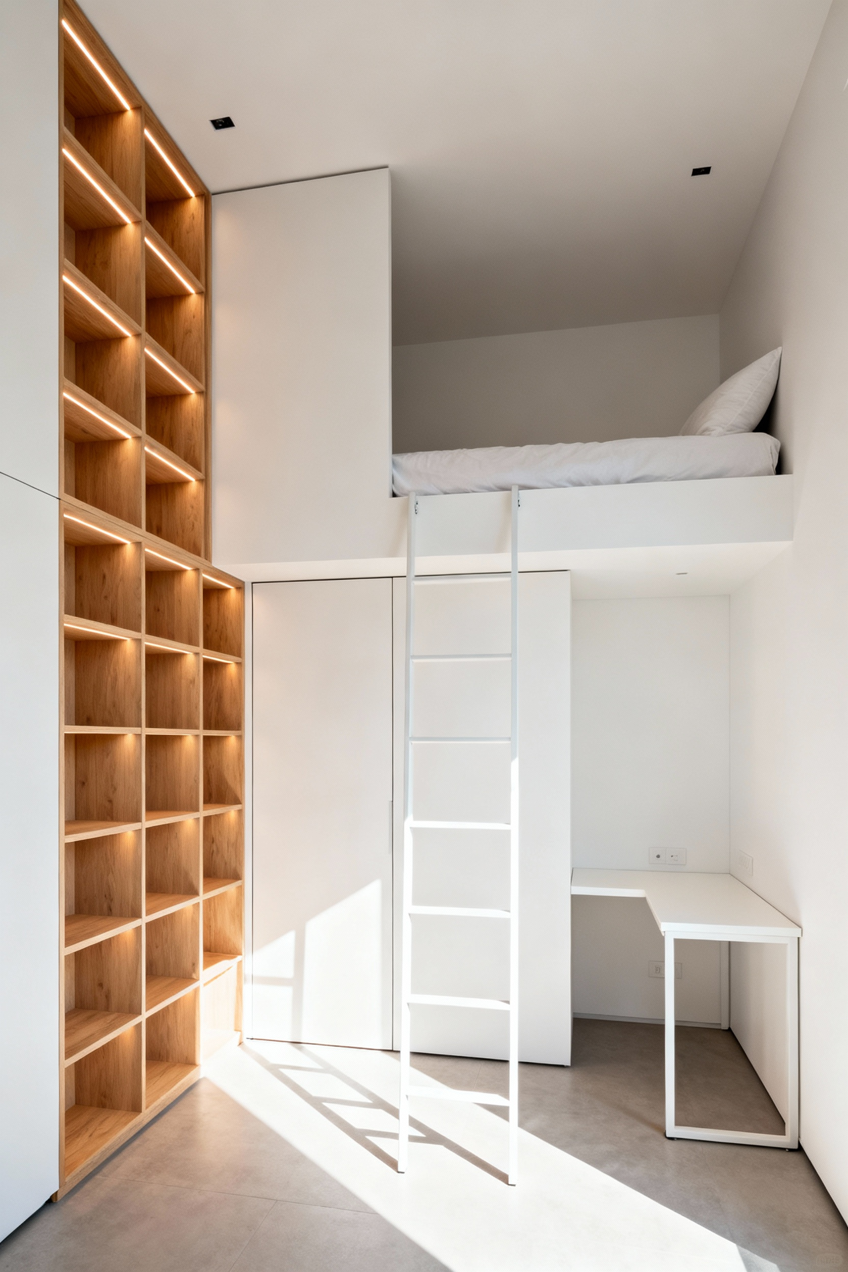 A photograph of a highly optimized small bedroom featuring floor-to-ceiling recessed custom shelving, an elevated loft bed structure, and a closed pocket door, illustrating structural space-saving solutions.