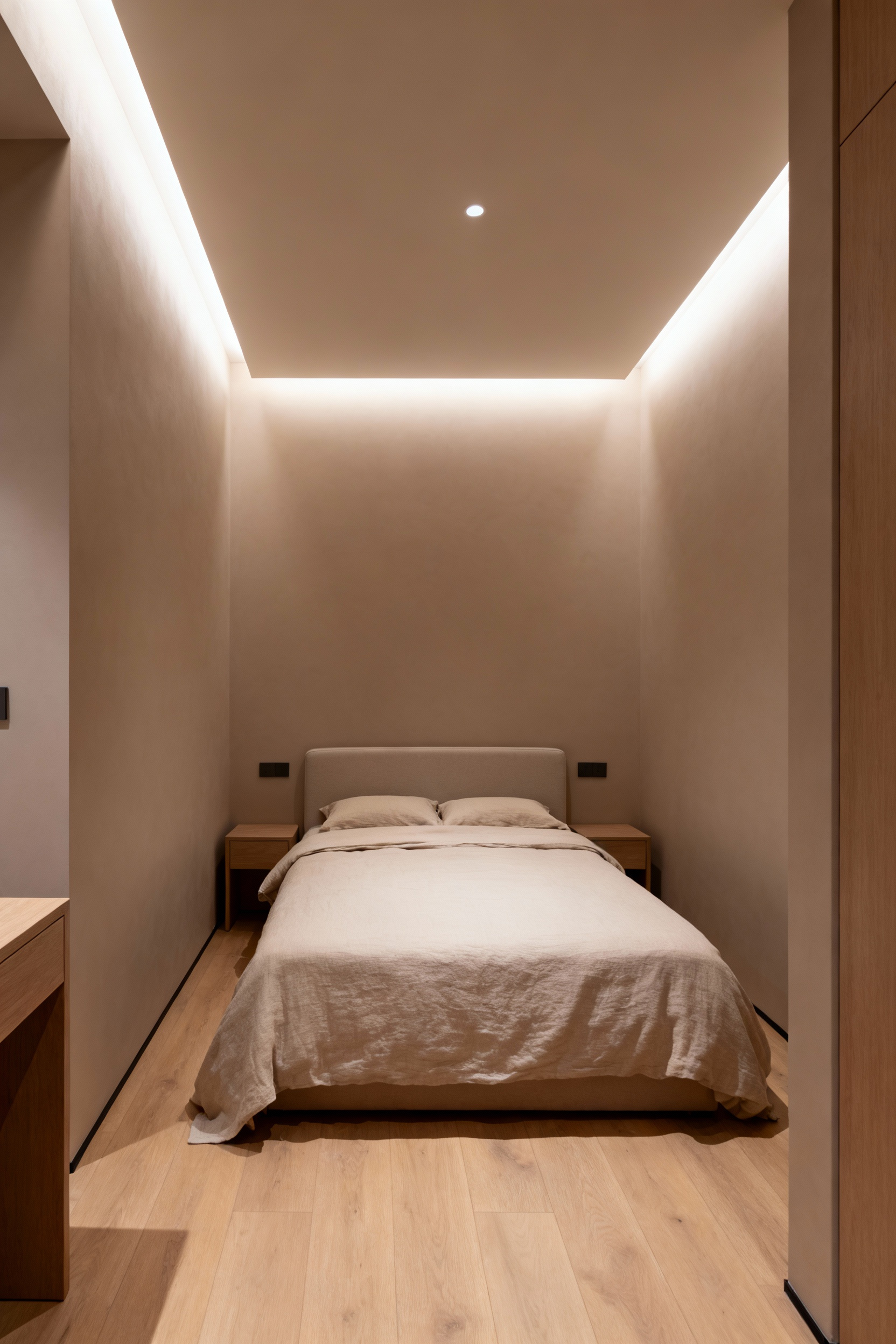 A visually expanded small bedroom interior showcasing hidden architectural cove lighting recessed into the ceiling perimeter, casting a soft glow upward to maximize perceived vertical space.